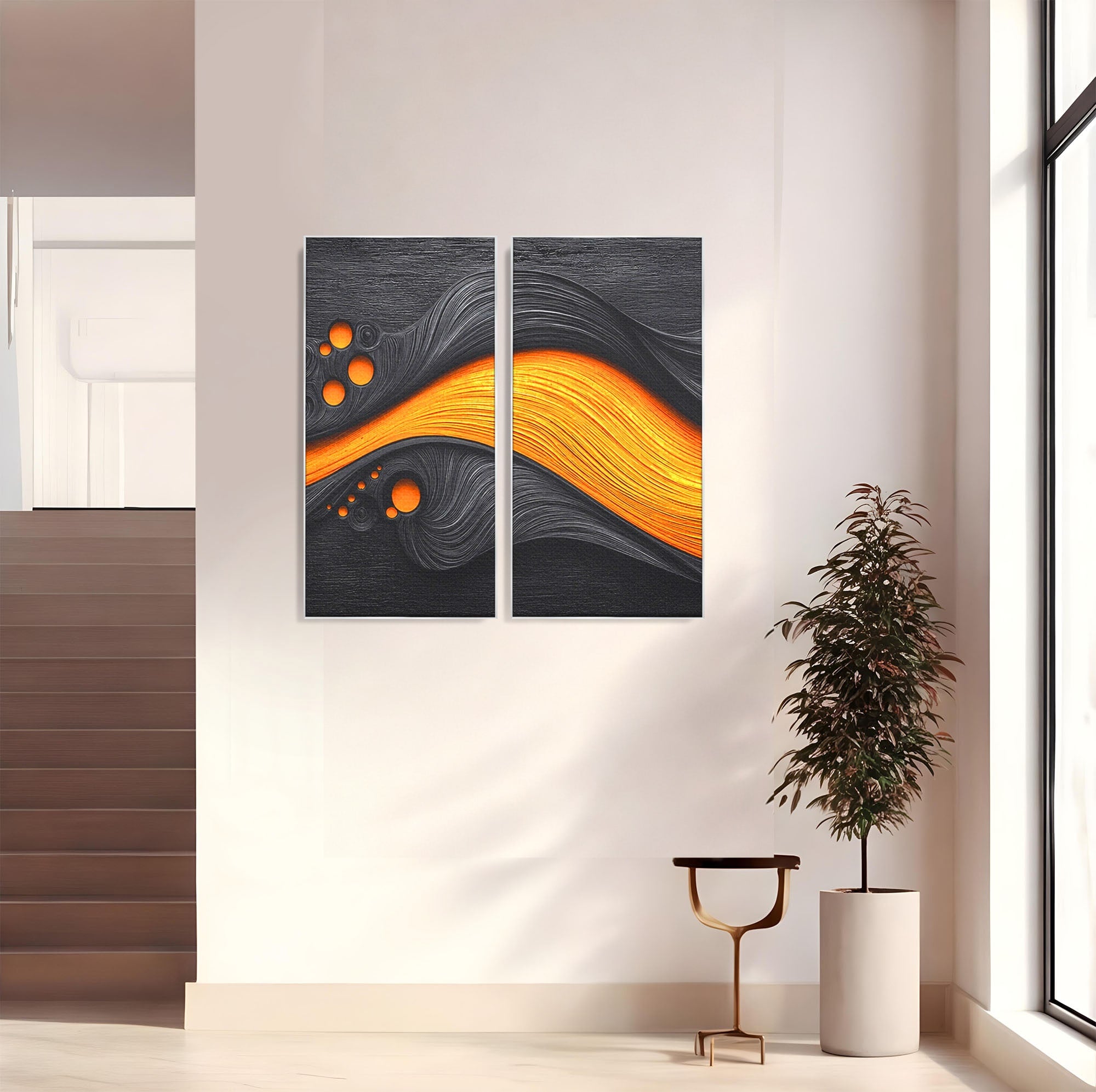 Set 2 Tablouri Canvas Premium LuxCanva® C2-1377, Flux Abstract Portocaliu, Abstract, Modern, Arta, Design, Living, Birou, Culori Vibrante