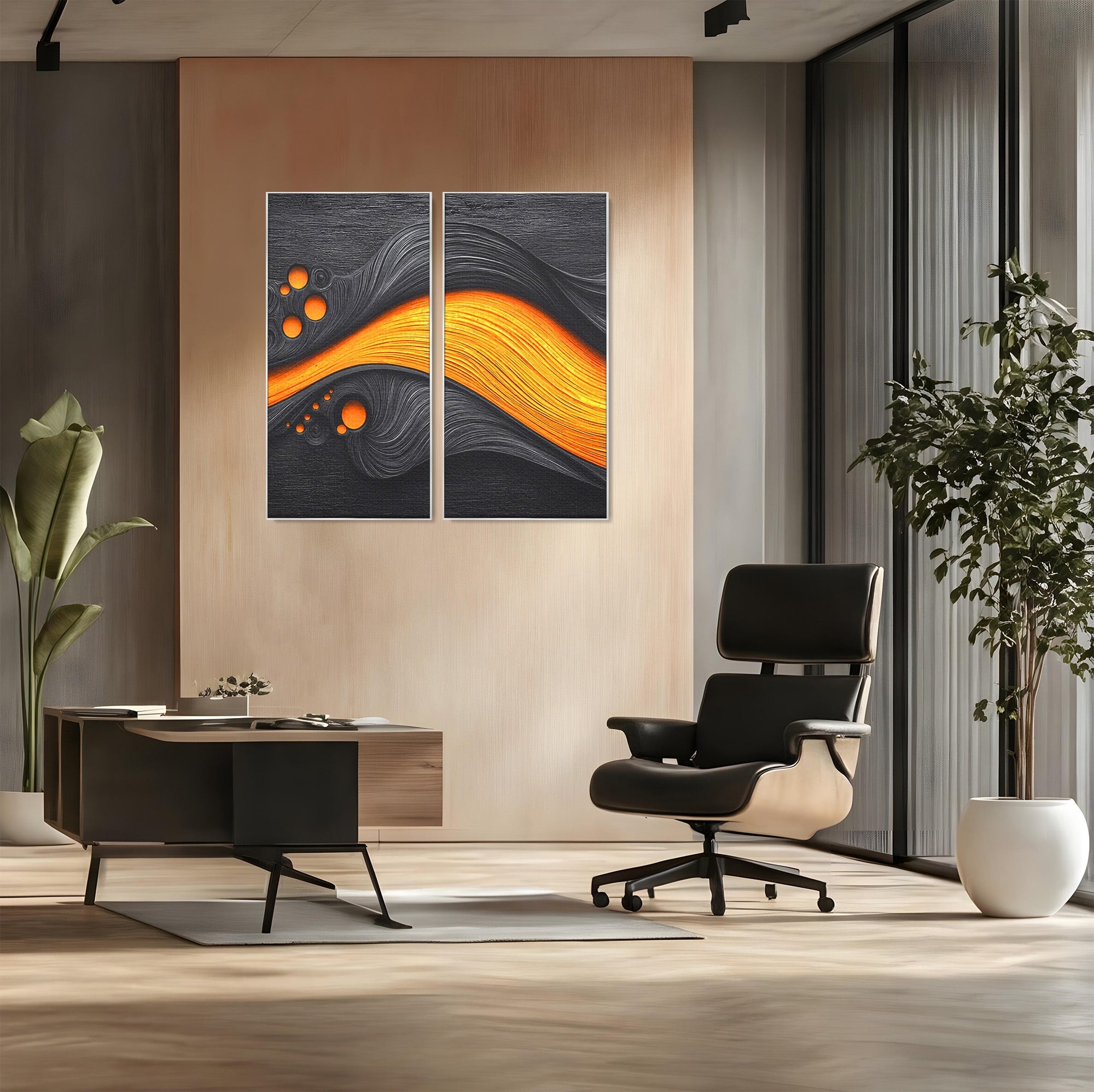 Set 2 Tablouri Canvas Premium LuxCanva® C2-1377, Flux Abstract Portocaliu, Abstract, Modern, Arta, Design, Living, Birou, Culori Vibrante