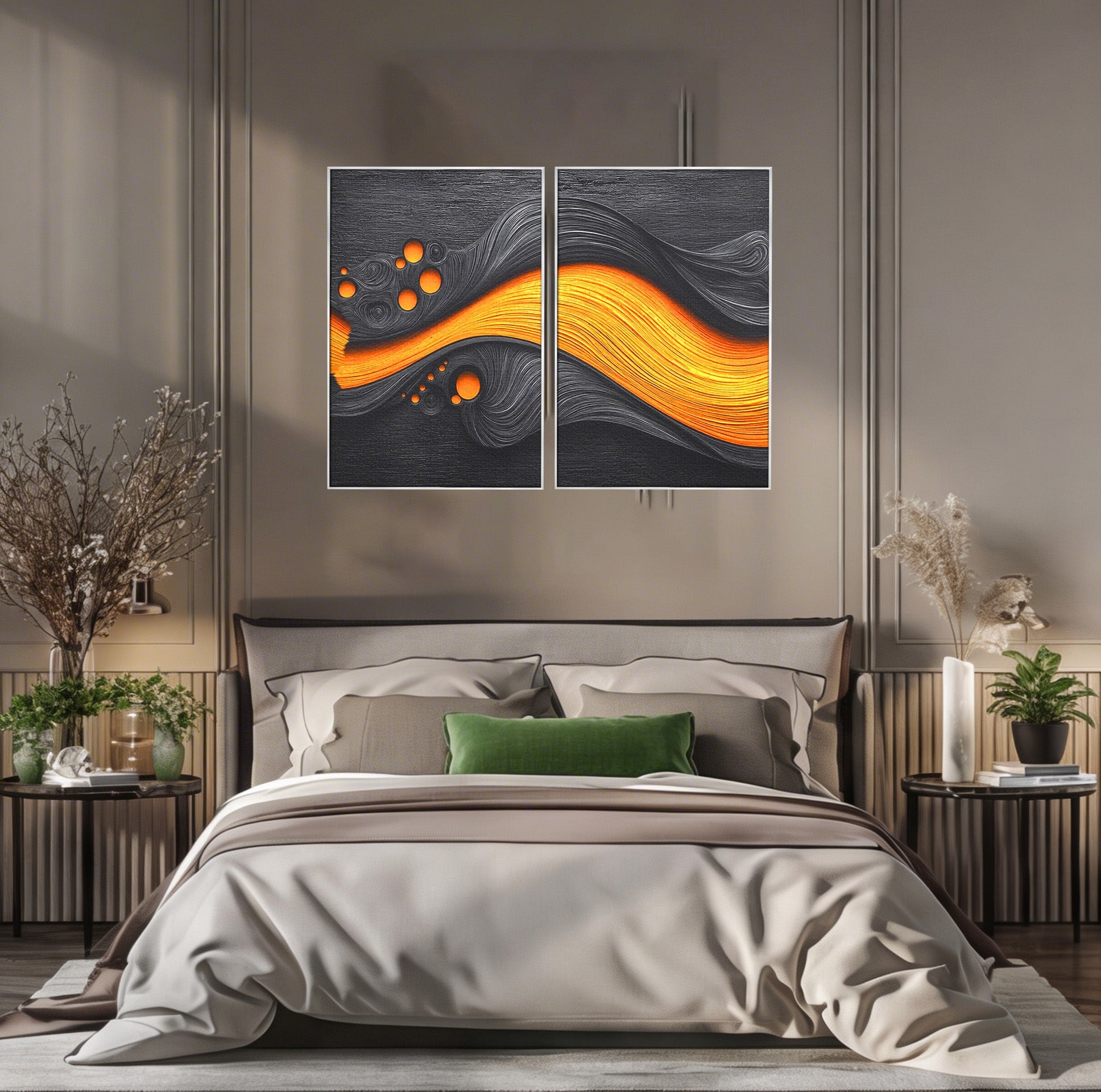 Set 2 Tablouri Canvas Premium LuxCanva® C2-1377, Flux Abstract Portocaliu, Abstract, Modern, Arta, Design, Living, Birou, Culori Vibrante