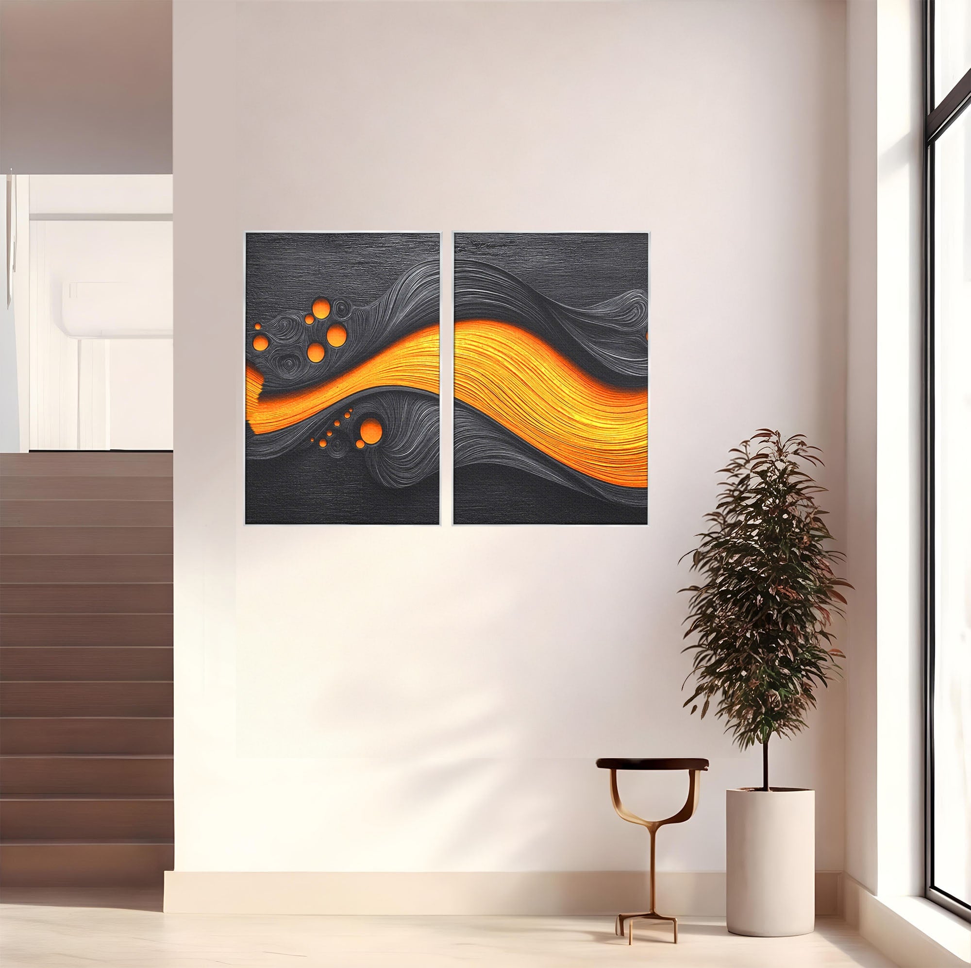 Set 2 Tablouri Canvas Premium LuxCanva® C2-1377, Flux Abstract Portocaliu, Abstract, Modern, Arta, Design, Living, Birou, Culori Vibrante