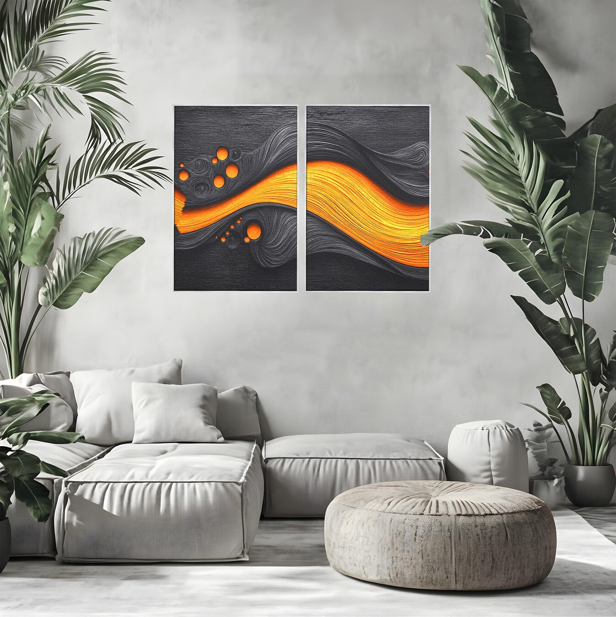 Set 2 Tablouri Canvas Premium LuxCanva® C2-1377, Flux Abstract Portocaliu, Abstract, Modern, Arta, Design, Living, Birou, Culori Vibrante