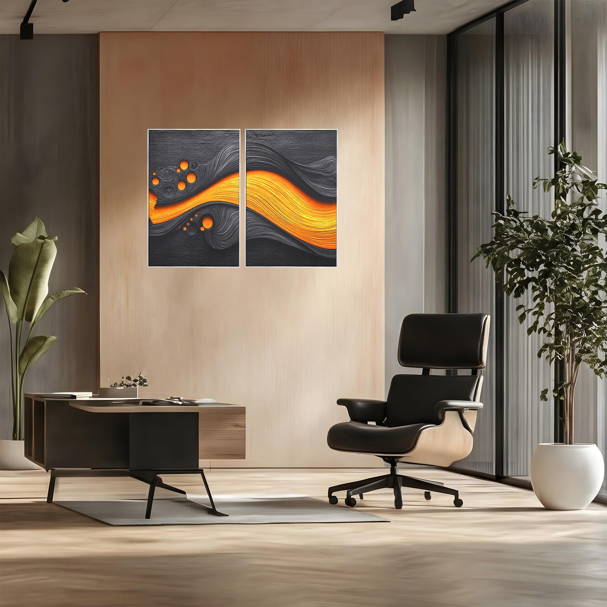 Set 2 Tablouri Canvas Premium LuxCanva® C2-1377, Flux Abstract Portocaliu, Abstract, Modern, Arta, Design, Living, Birou, Culori Vibrante