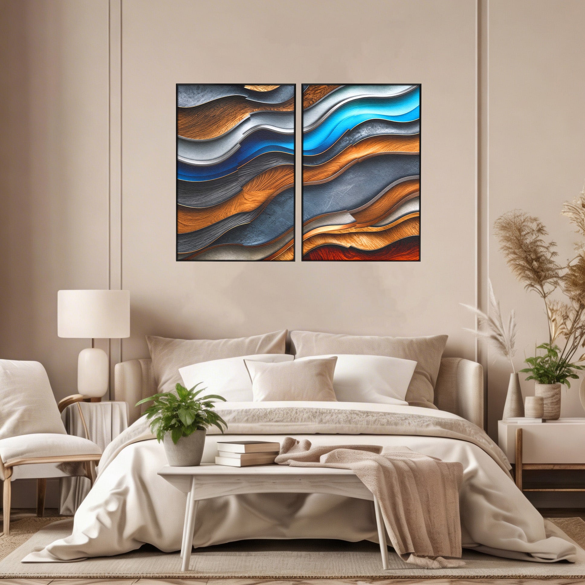 Set 2 Tablouri Canvas Premium LuxCanva® C2-1390, Valuri Abstracte, Abstract, Valuri, Textura, Living, Birou, Culori Vibrante