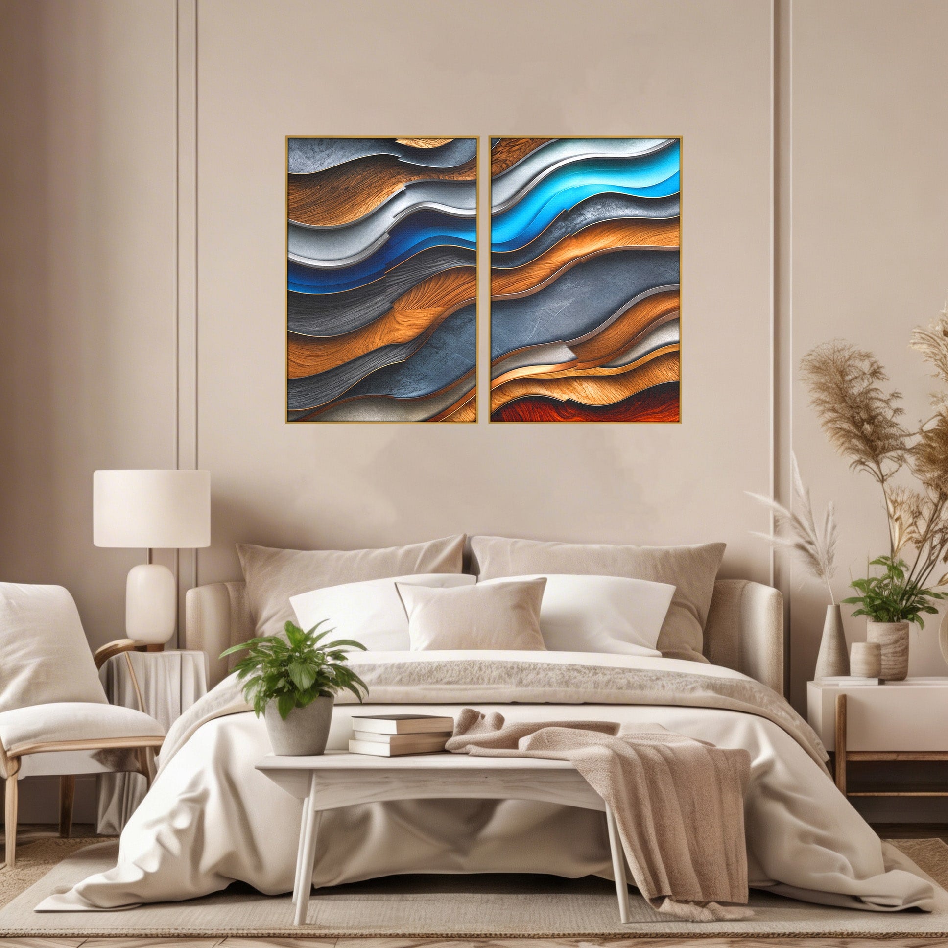 Set 2 Tablouri Canvas Premium LuxCanva® C2-1390, Valuri Abstracte, Abstract, Valuri, Textura, Living, Birou, Culori Vibrante