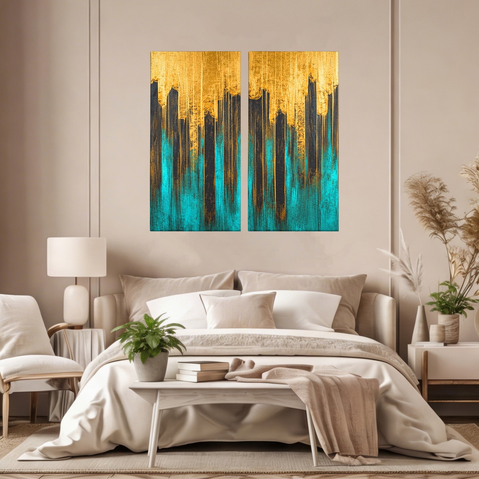 Set 2 Tablouri Canvas Premium LuxCanva® C2-1393, Orasul Aurit, Oras, Abstract, Modern, Lux, Birou, Culori Vibrante