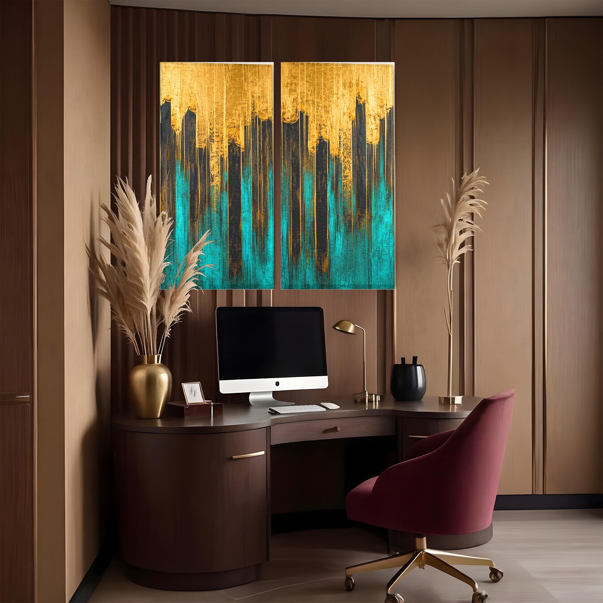 Set 2 Tablouri Canvas Premium LuxCanva® C2-1393, Orasul Aurit, Oras, Abstract, Modern, Lux, Birou, Culori Vibrante