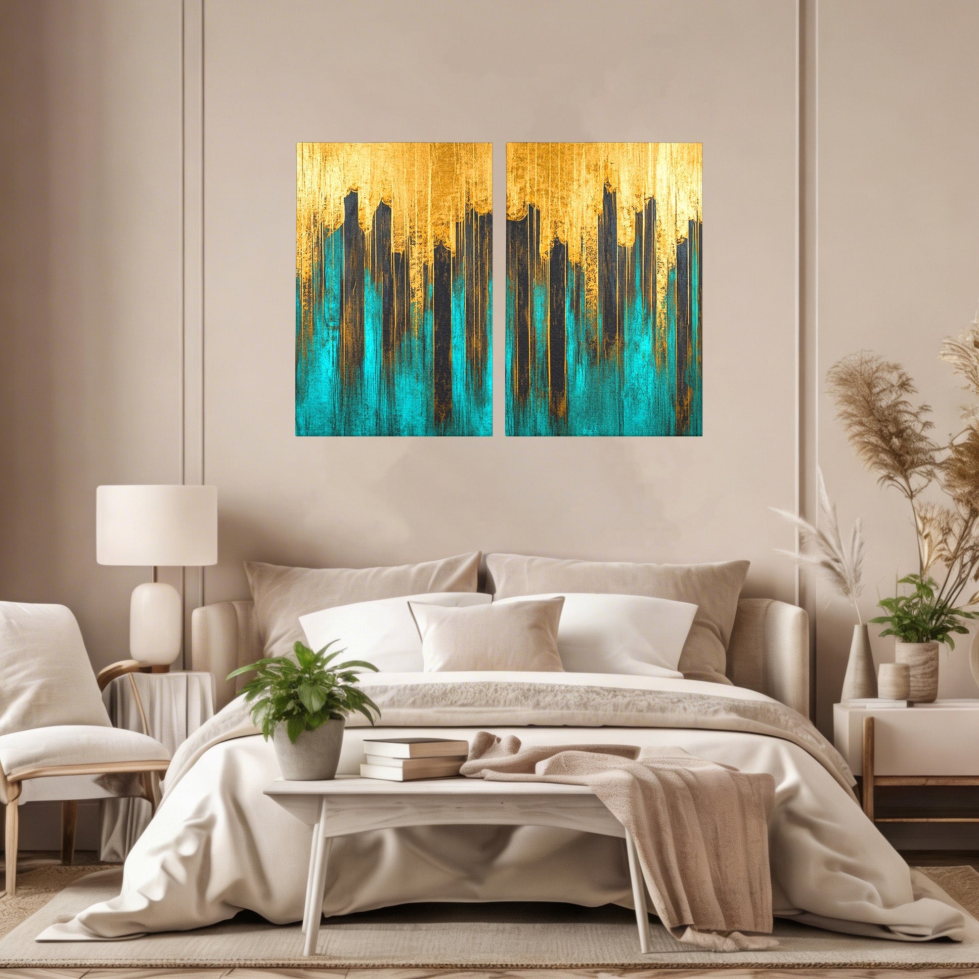 Set 2 Tablouri Canvas Premium LuxCanva® C2-1393, Orasul Aurit, Oras, Abstract, Modern, Lux, Birou, Culori Vibrante