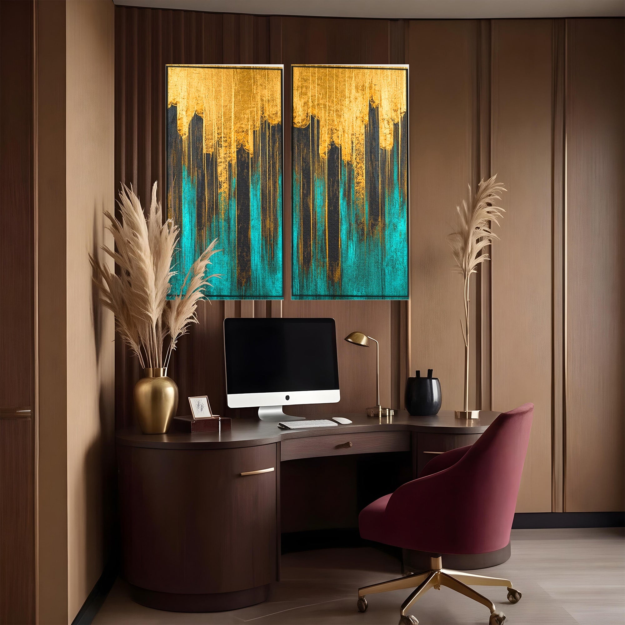 Set 2 Tablouri Canvas Premium LuxCanva® C2-1393, Orasul Aurit, Oras, Abstract, Modern, Lux, Birou, Culori Vibrante