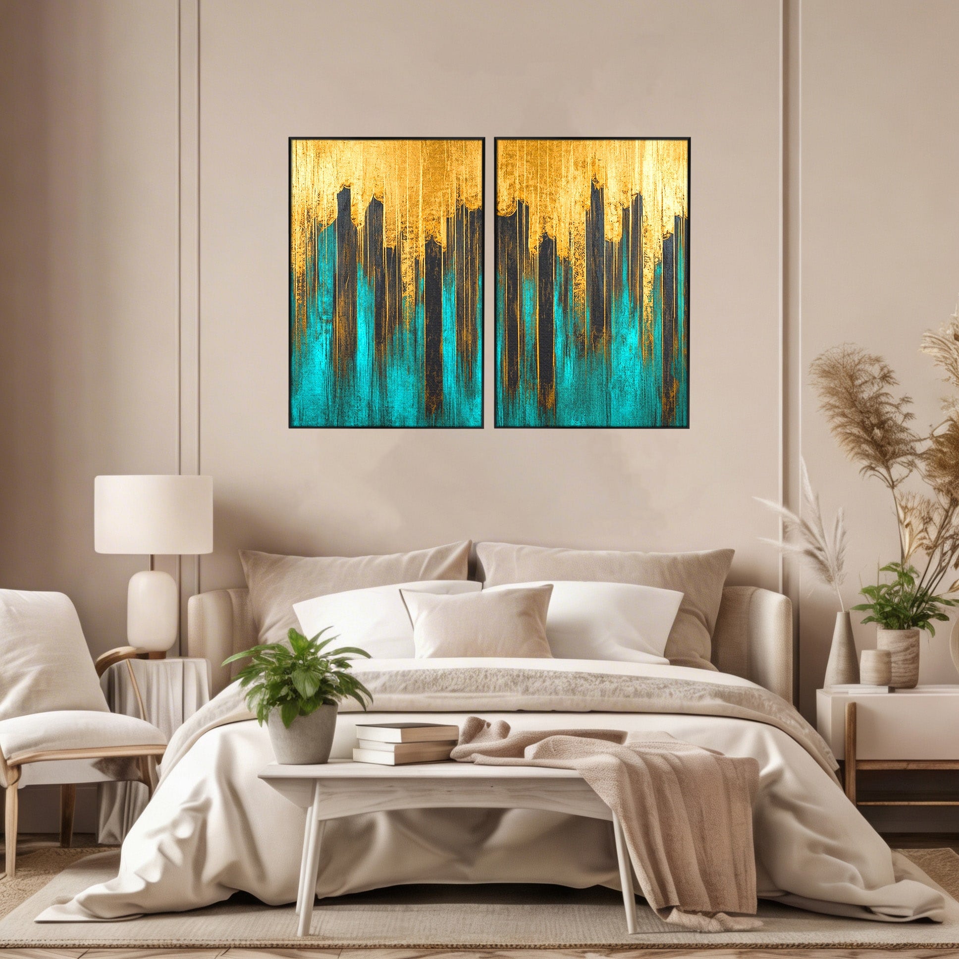 Set 2 Tablouri Canvas Premium LuxCanva® C2-1393, Orasul Aurit, Oras, Abstract, Modern, Lux, Birou, Culori Vibrante