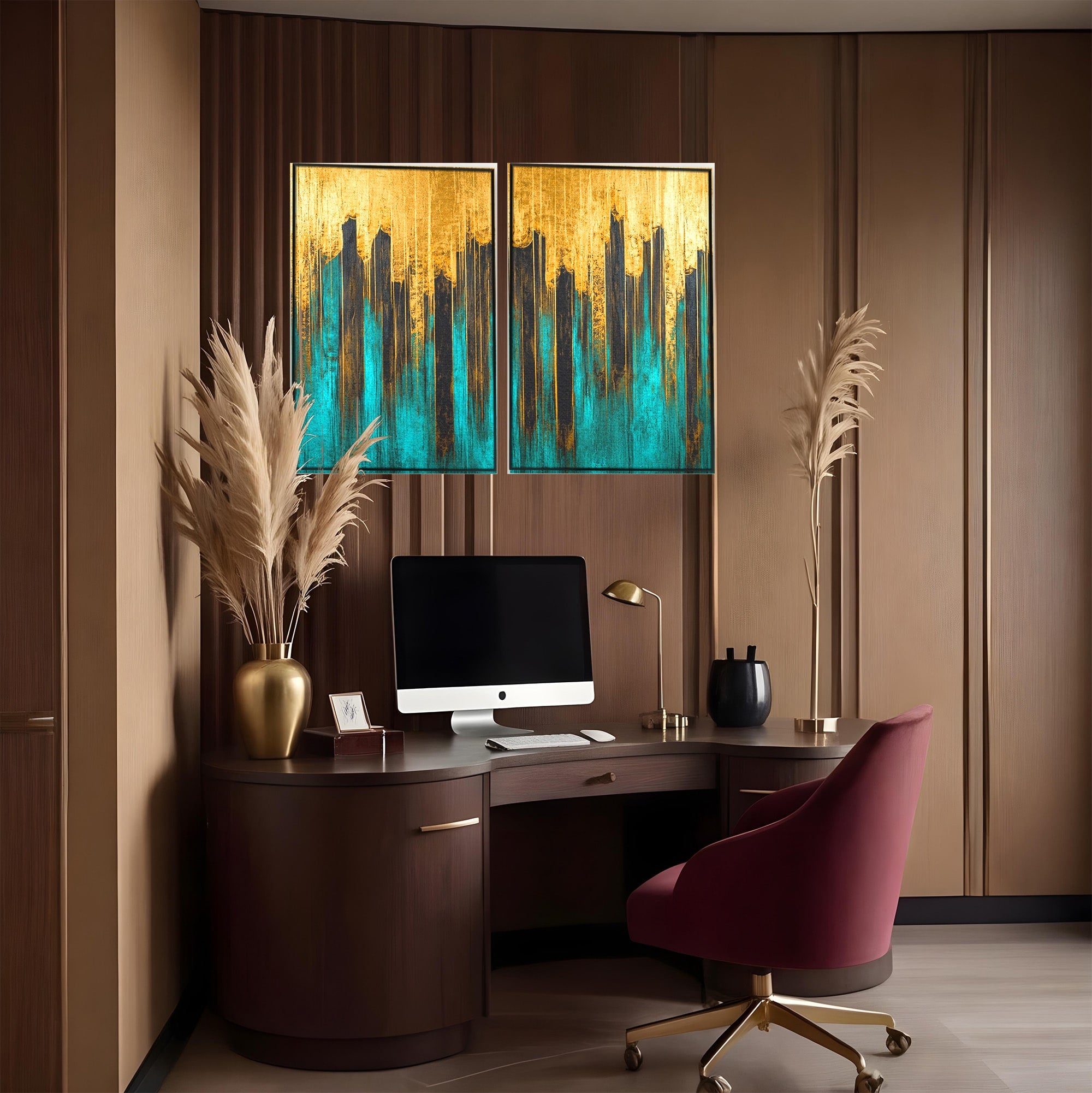 Set 2 Tablouri Canvas Premium LuxCanva® C2-1393, Orasul Aurit, Oras, Abstract, Modern, Lux, Birou, Culori Vibrante