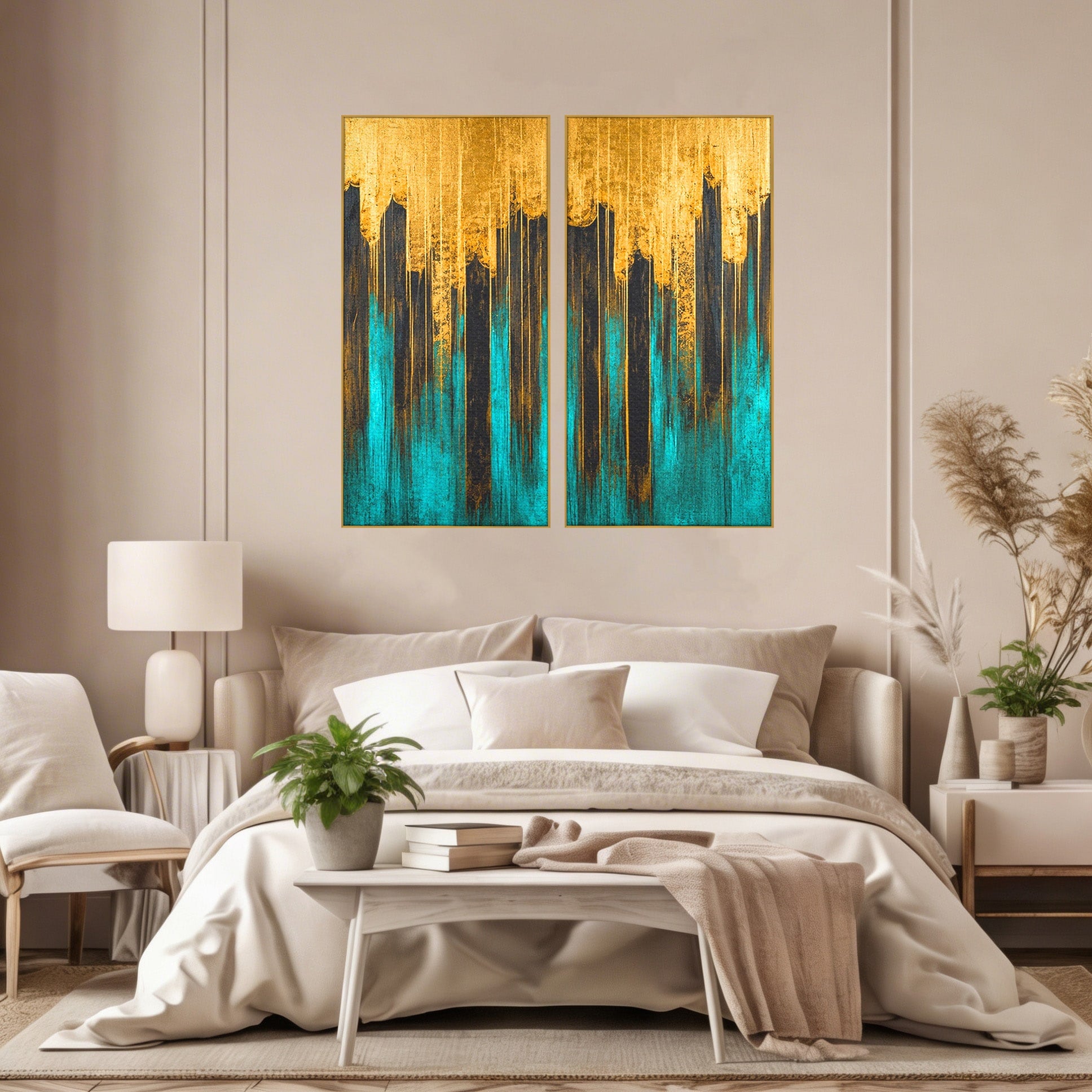 Set 2 Tablouri Canvas Premium LuxCanva® C2-1393, Orasul Aurit, Oras, Abstract, Modern, Lux, Birou, Culori Vibrante