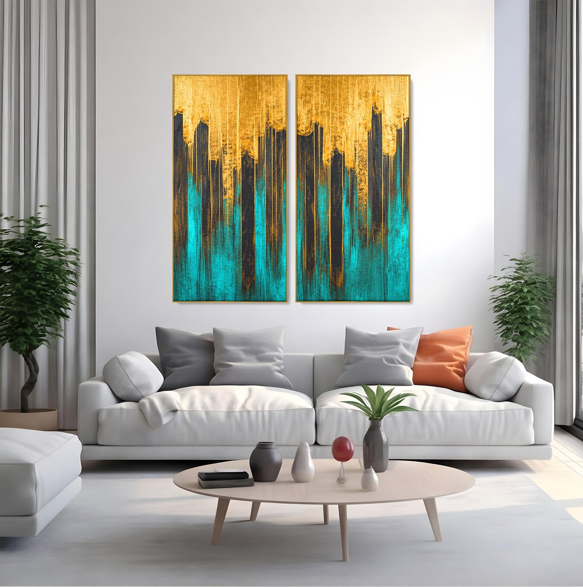 Set 2 Tablouri Canvas Premium LuxCanva® C2-1393, Orasul Aurit, Oras, Abstract, Modern, Lux, Birou, Culori Vibrante