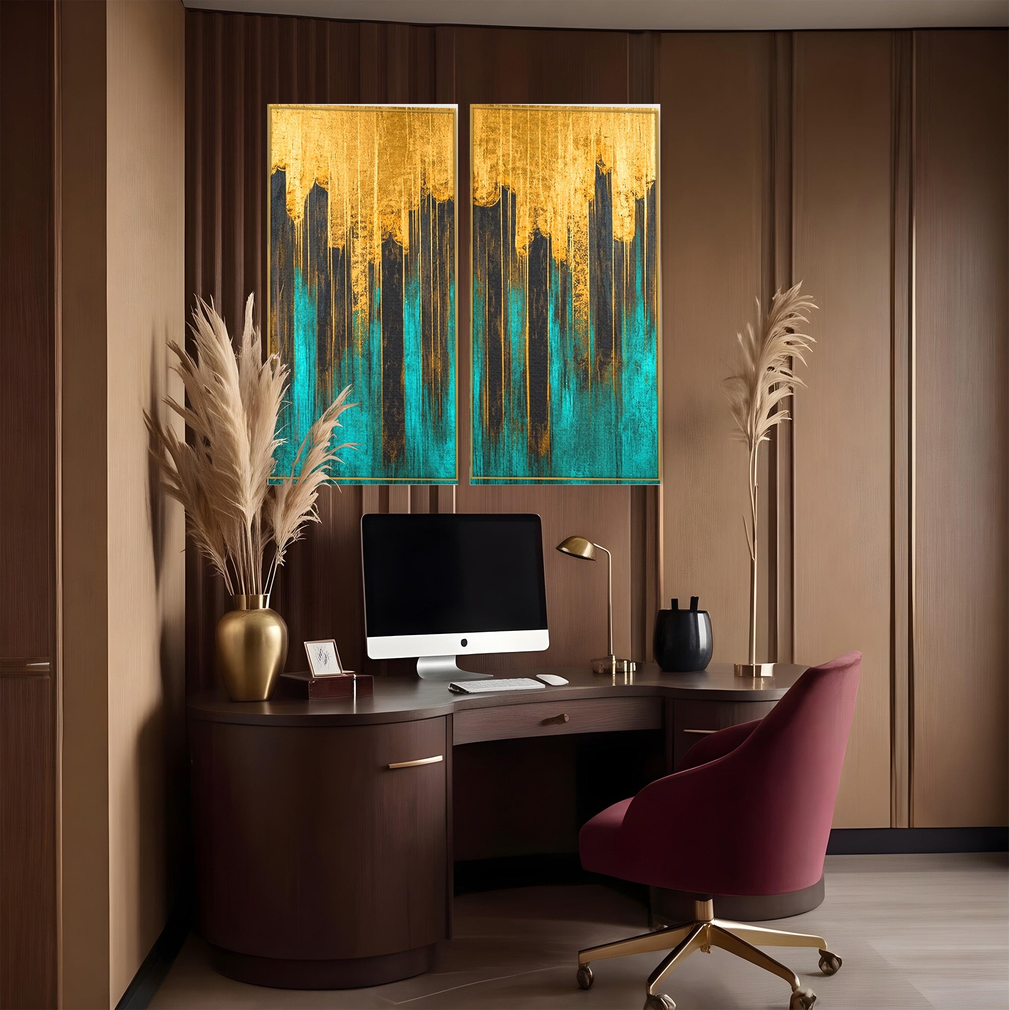 Set 2 Tablouri Canvas Premium LuxCanva® C2-1393, Orasul Aurit, Oras, Abstract, Modern, Lux, Birou, Culori Vibrante
