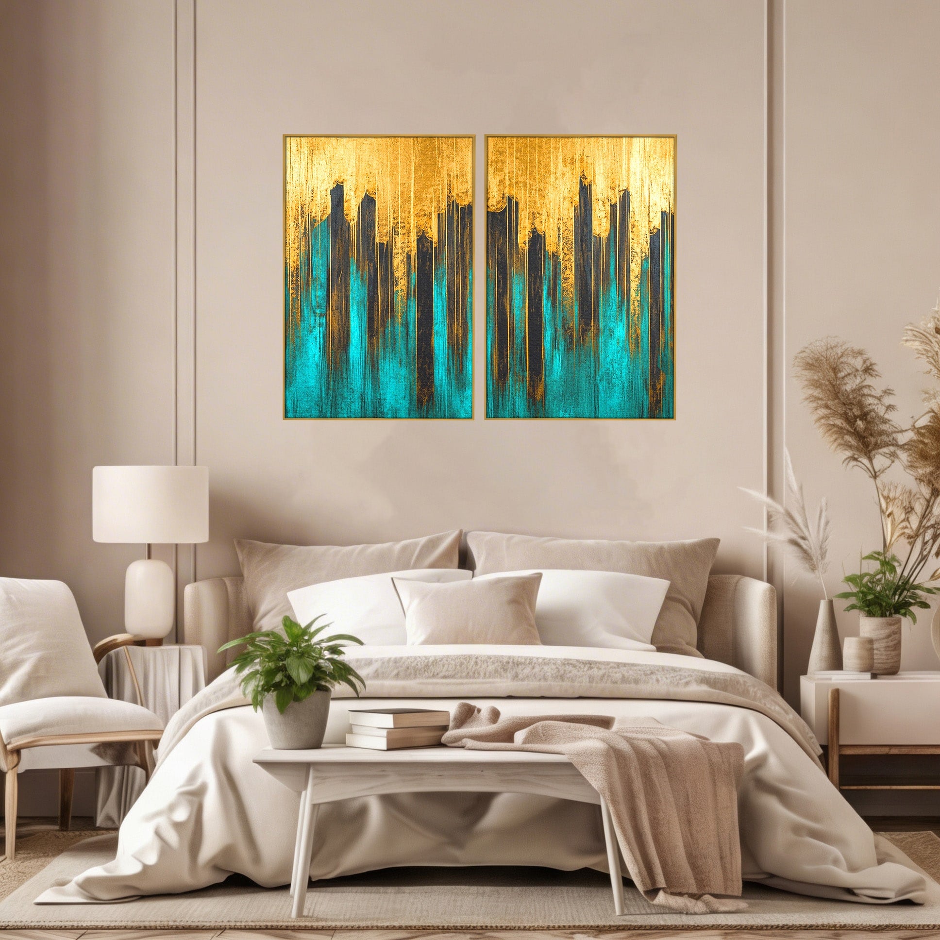 Set 2 Tablouri Canvas Premium LuxCanva® C2-1393, Orasul Aurit, Oras, Abstract, Modern, Lux, Birou, Culori Vibrante