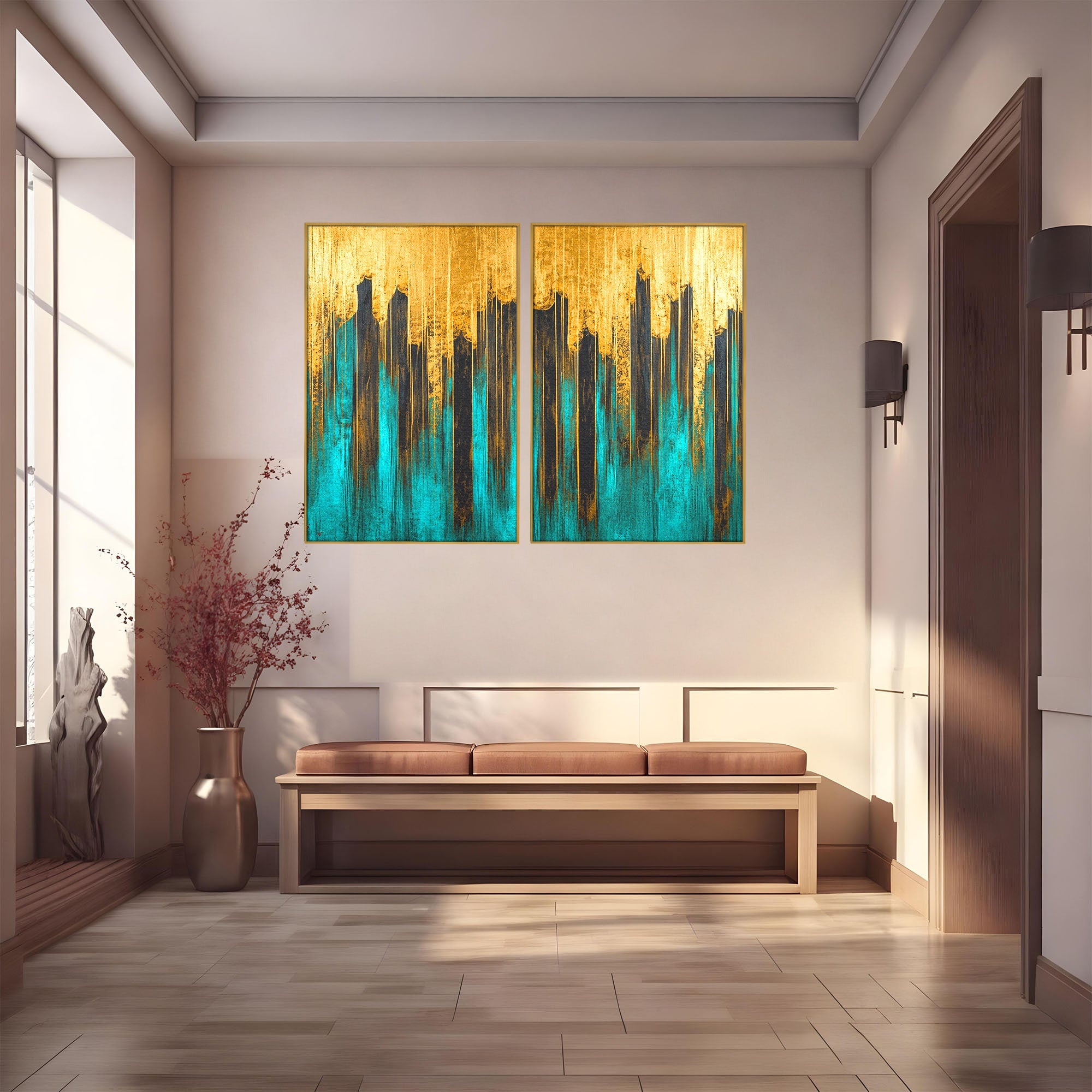 Set 2 Tablouri Canvas Premium LuxCanva® C2-1393, Orasul Aurit, Oras, Abstract, Modern, Lux, Birou, Culori Vibrante