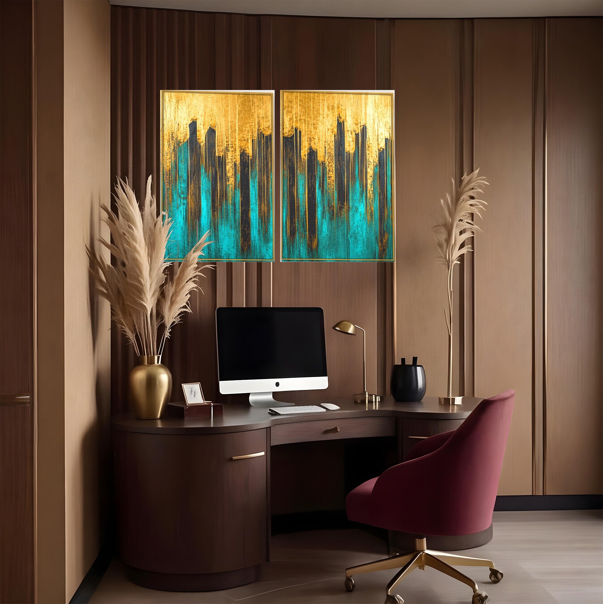Set 2 Tablouri Canvas Premium LuxCanva® C2-1393, Orasul Aurit, Oras, Abstract, Modern, Lux, Birou, Culori Vibrante