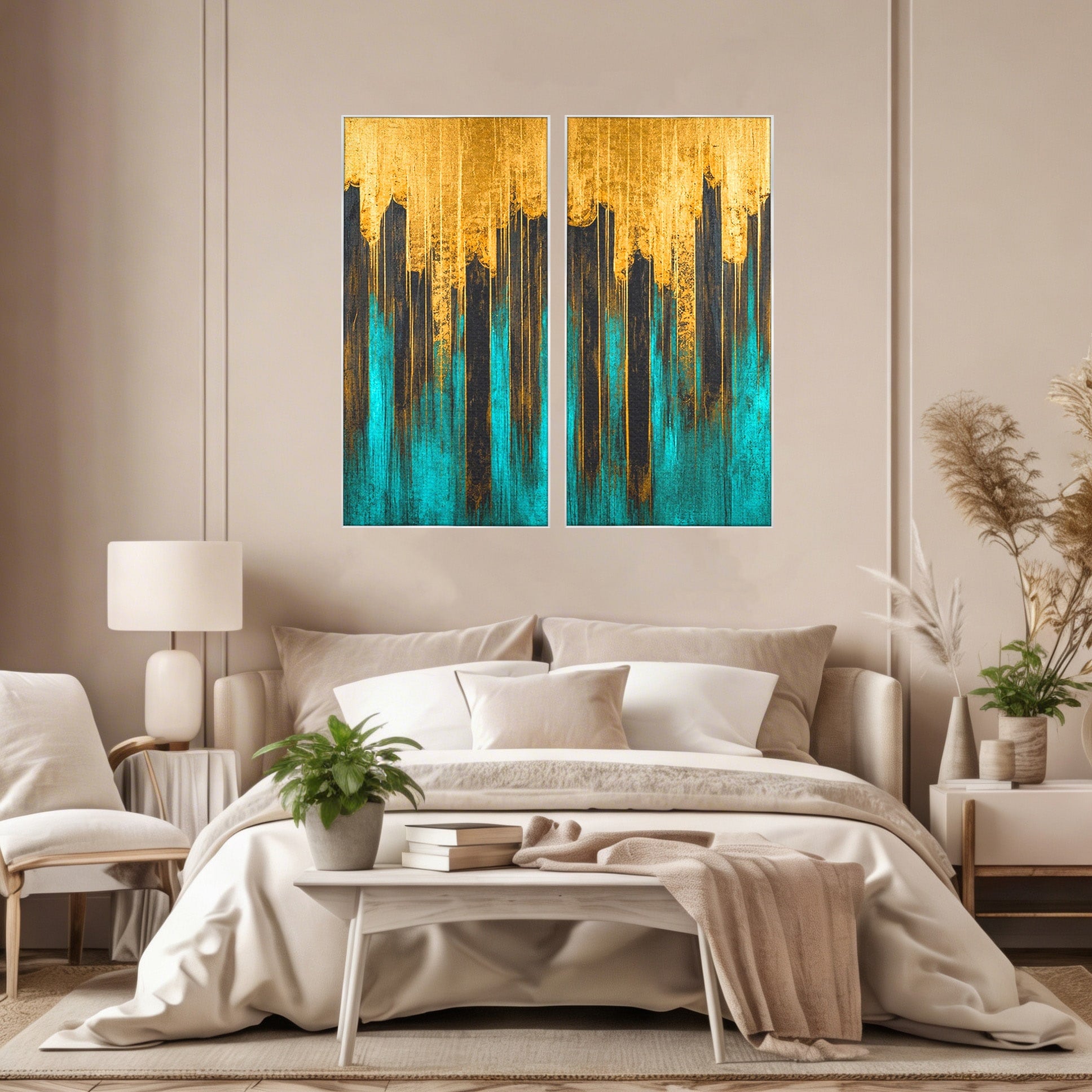 Set 2 Tablouri Canvas Premium LuxCanva® C2-1393, Orasul Aurit, Oras, Abstract, Modern, Lux, Birou, Culori Vibrante
