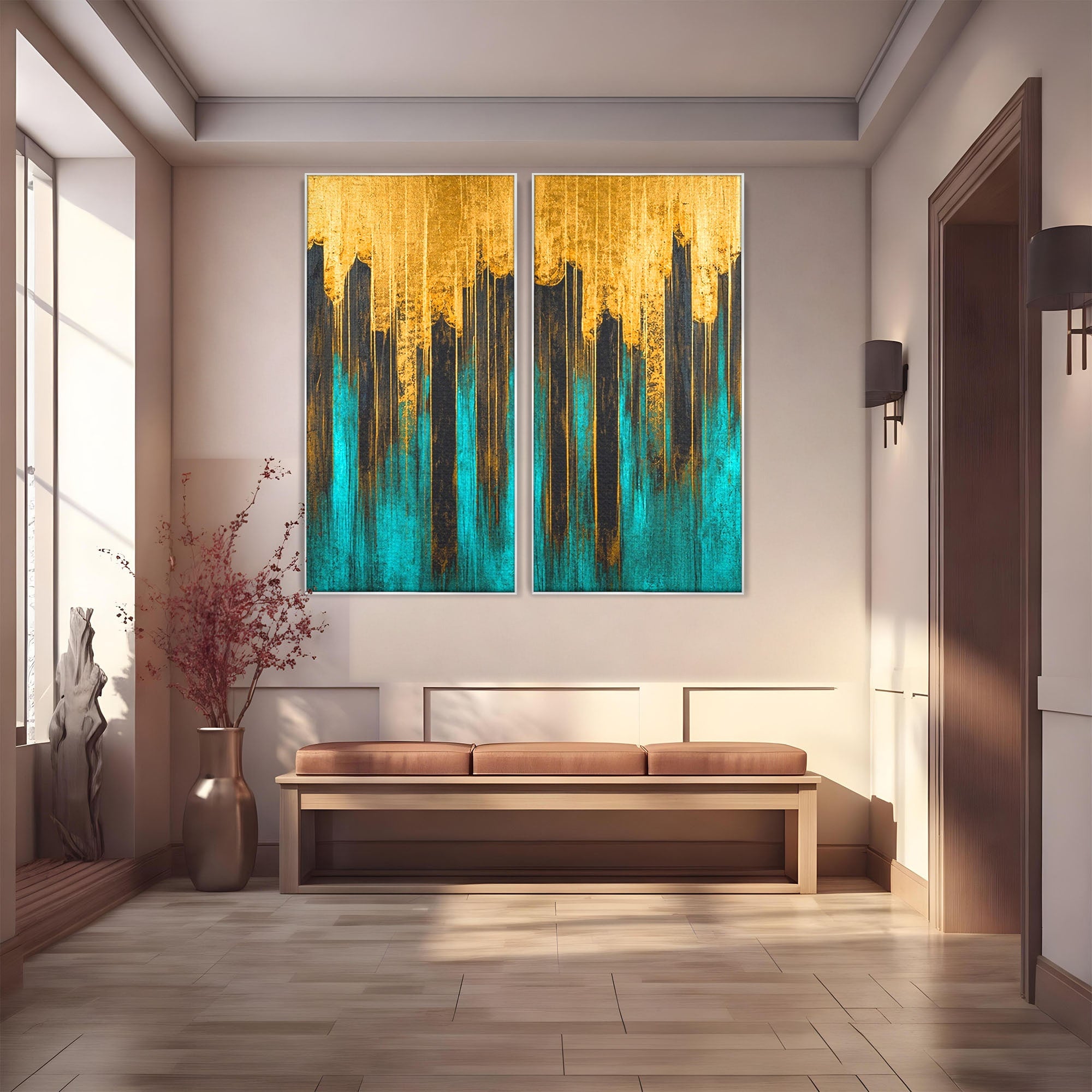 Set 2 Tablouri Canvas Premium LuxCanva® C2-1393, Orasul Aurit, Oras, Abstract, Modern, Lux, Birou, Culori Vibrante