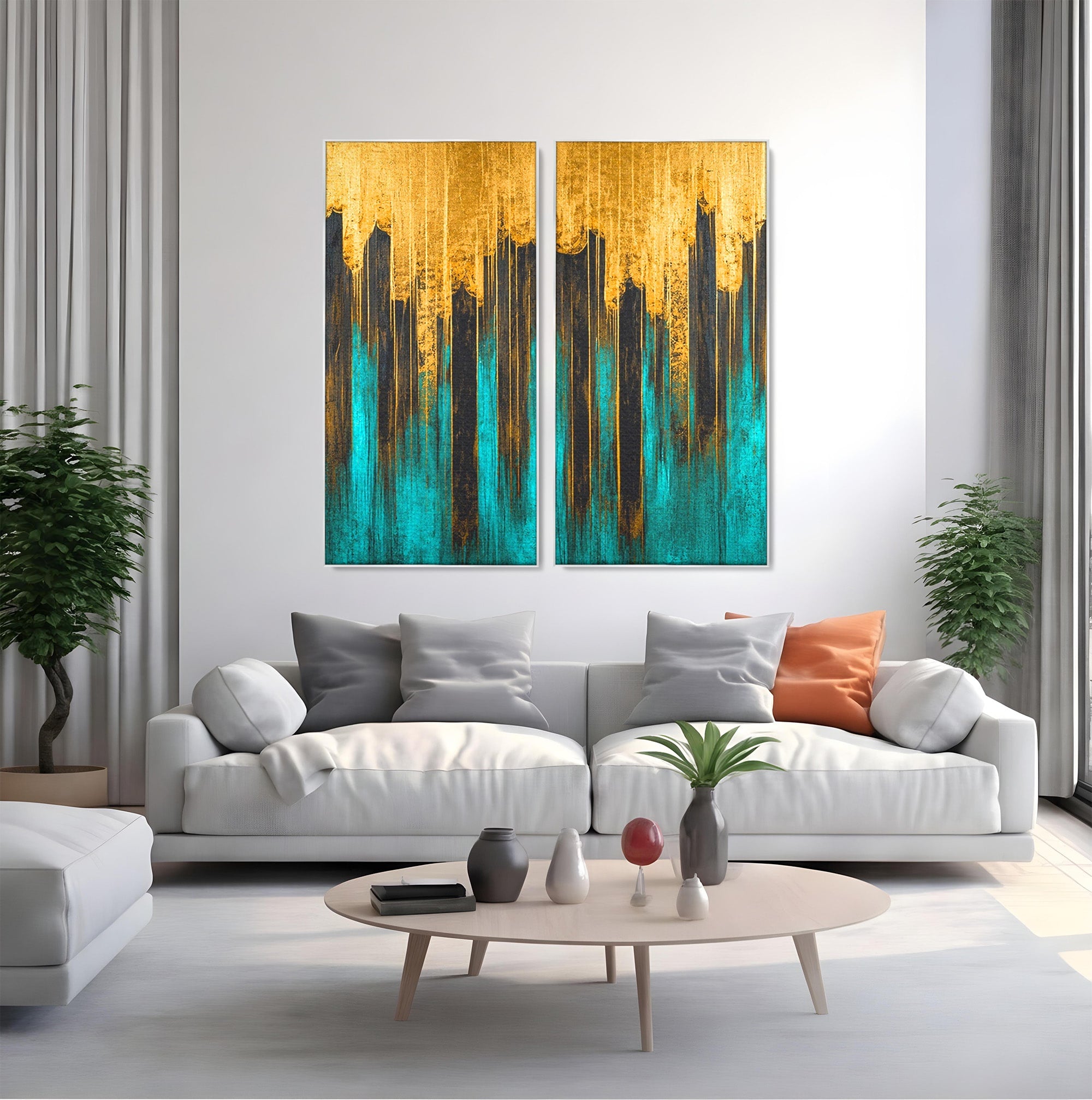 Set 2 Tablouri Canvas Premium LuxCanva® C2-1393, Orasul Aurit, Oras, Abstract, Modern, Lux, Birou, Culori Vibrante
