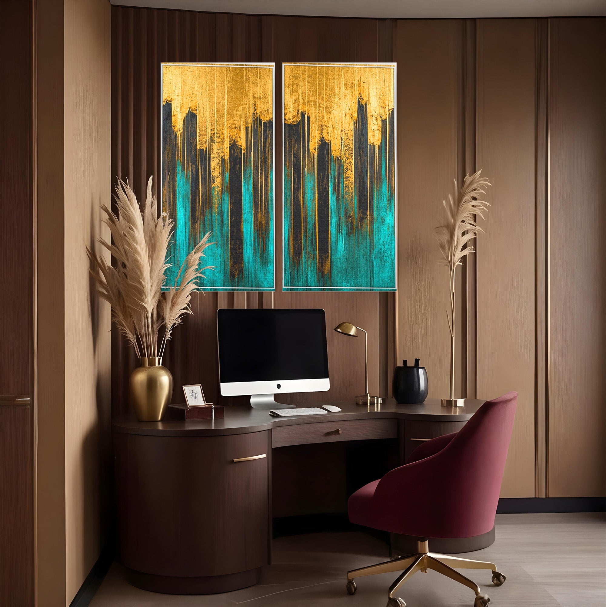 Set 2 Tablouri Canvas Premium LuxCanva® C2-1393, Orasul Aurit, Oras, Abstract, Modern, Lux, Birou, Culori Vibrante