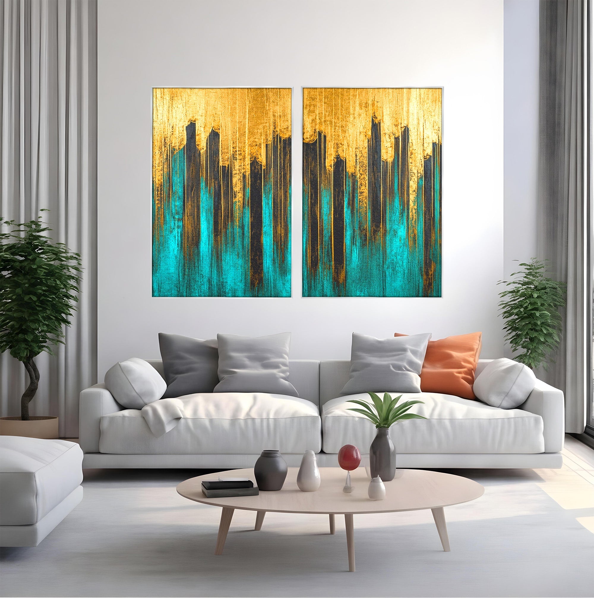 Set 2 Tablouri Canvas Premium LuxCanva® C2-1393, Orasul Aurit, Oras, Abstract, Modern, Lux, Birou, Culori Vibrante
