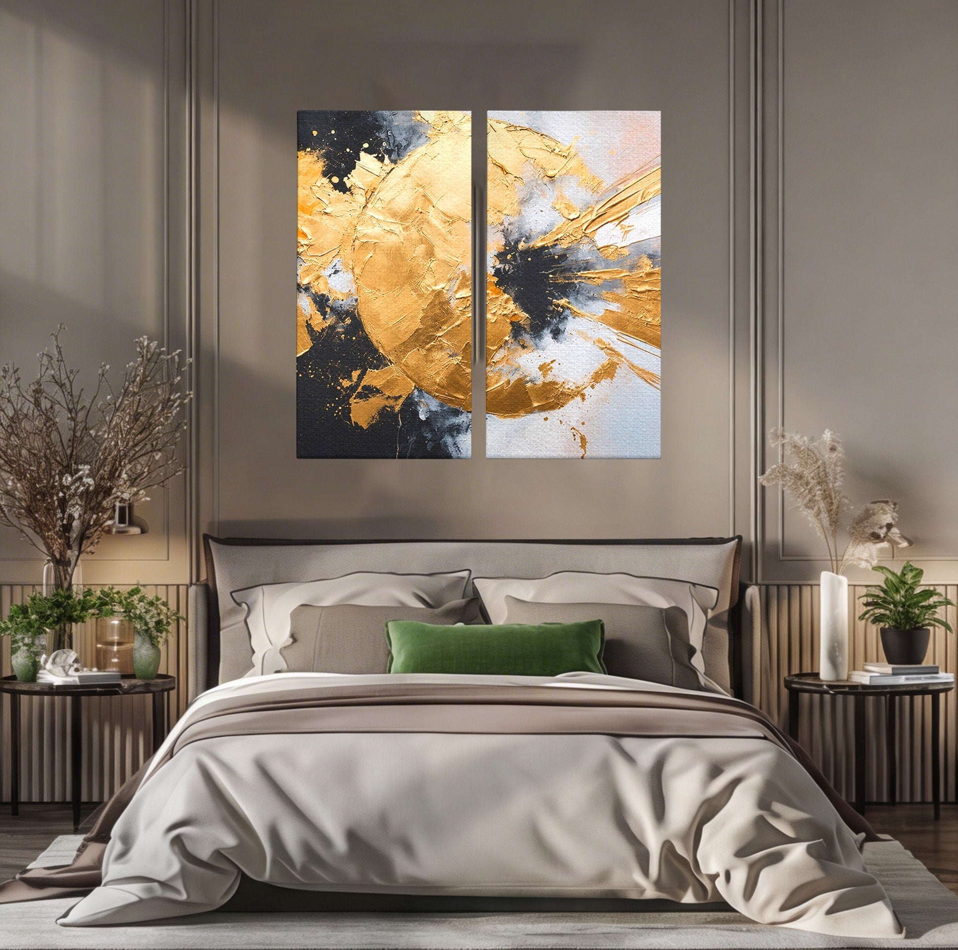 Set 2 Tablouri Canvas Premium LuxCanva® C2-1406, Explozie De Aur, Abstract, Modern, Energetic, Birou, Living, Culori Vibrante