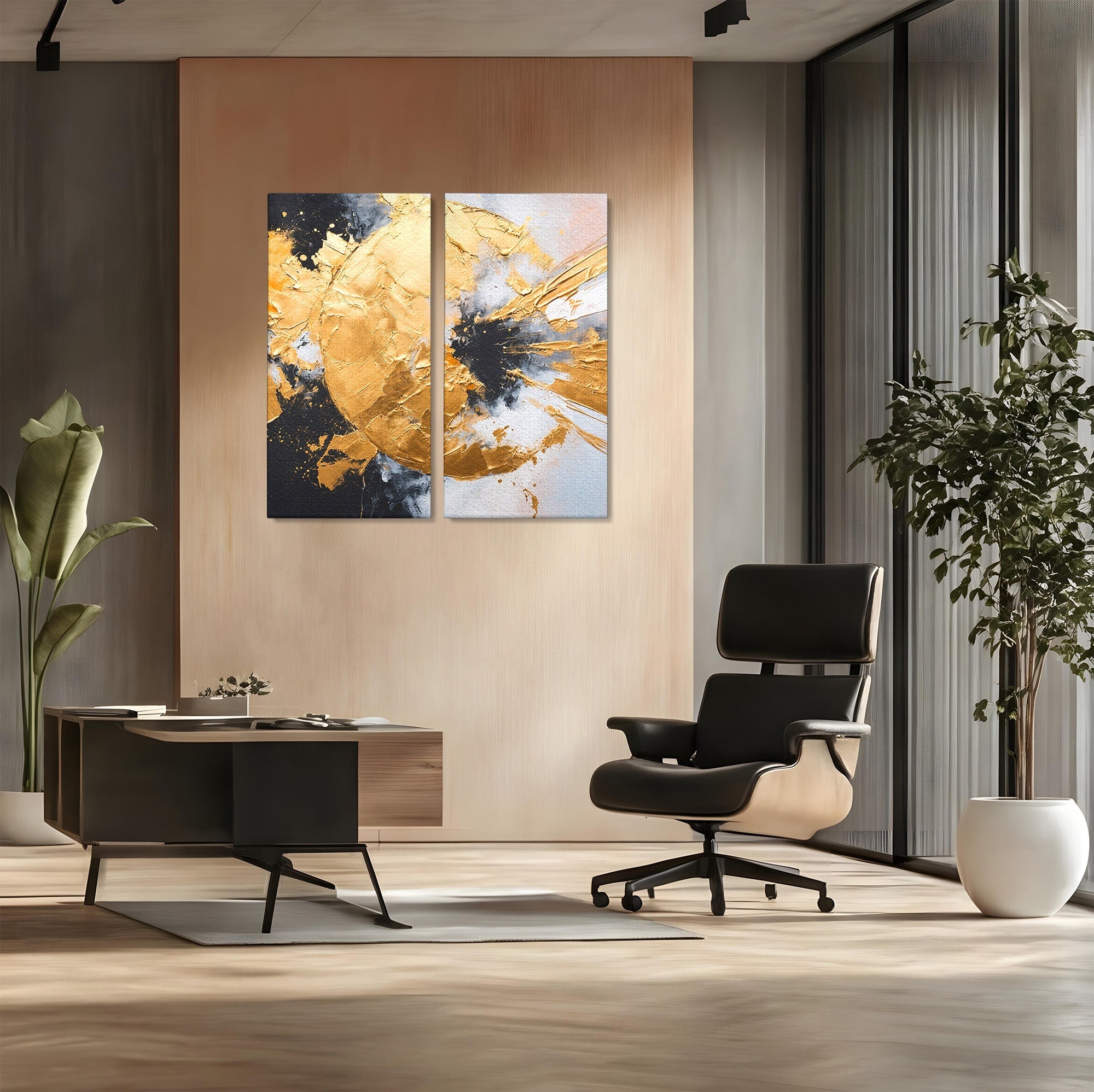 Set 2 Tablouri Canvas Premium LuxCanva® C2-1406, Explozie De Aur, Abstract, Modern, Energetic, Birou, Living, Culori Vibrante