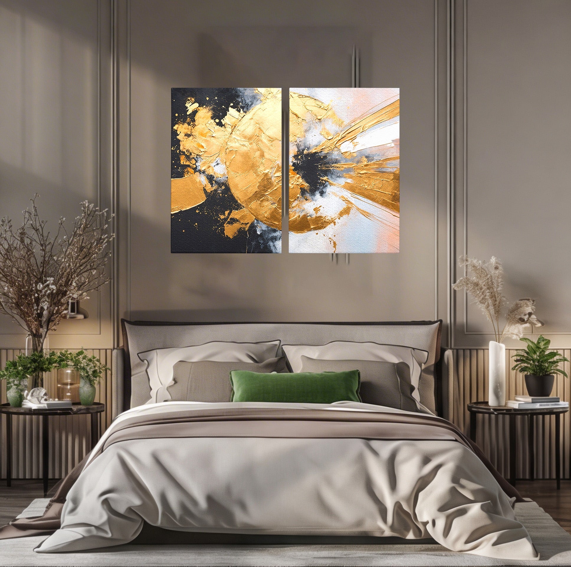 Set 2 Tablouri Canvas Premium LuxCanva® C2-1406, Explozie De Aur, Abstract, Modern, Energetic, Birou, Living, Culori Vibrante