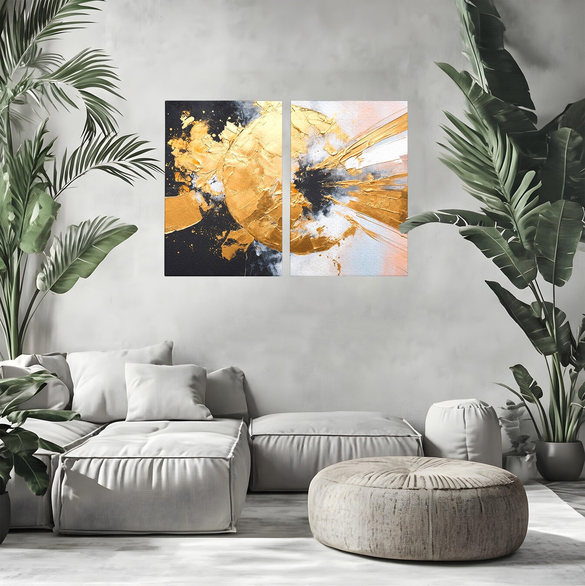 Set 2 Tablouri Canvas Premium LuxCanva® C2-1406, Explozie De Aur, Abstract, Modern, Energetic, Birou, Living, Culori Vibrante