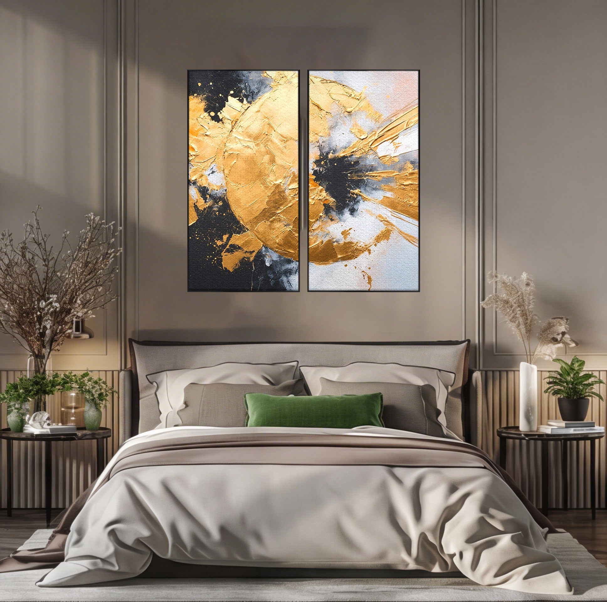 Set 2 Tablouri Canvas Premium LuxCanva® C2-1406, Explozie De Aur, Abstract, Modern, Energetic, Birou, Living, Culori Vibrante