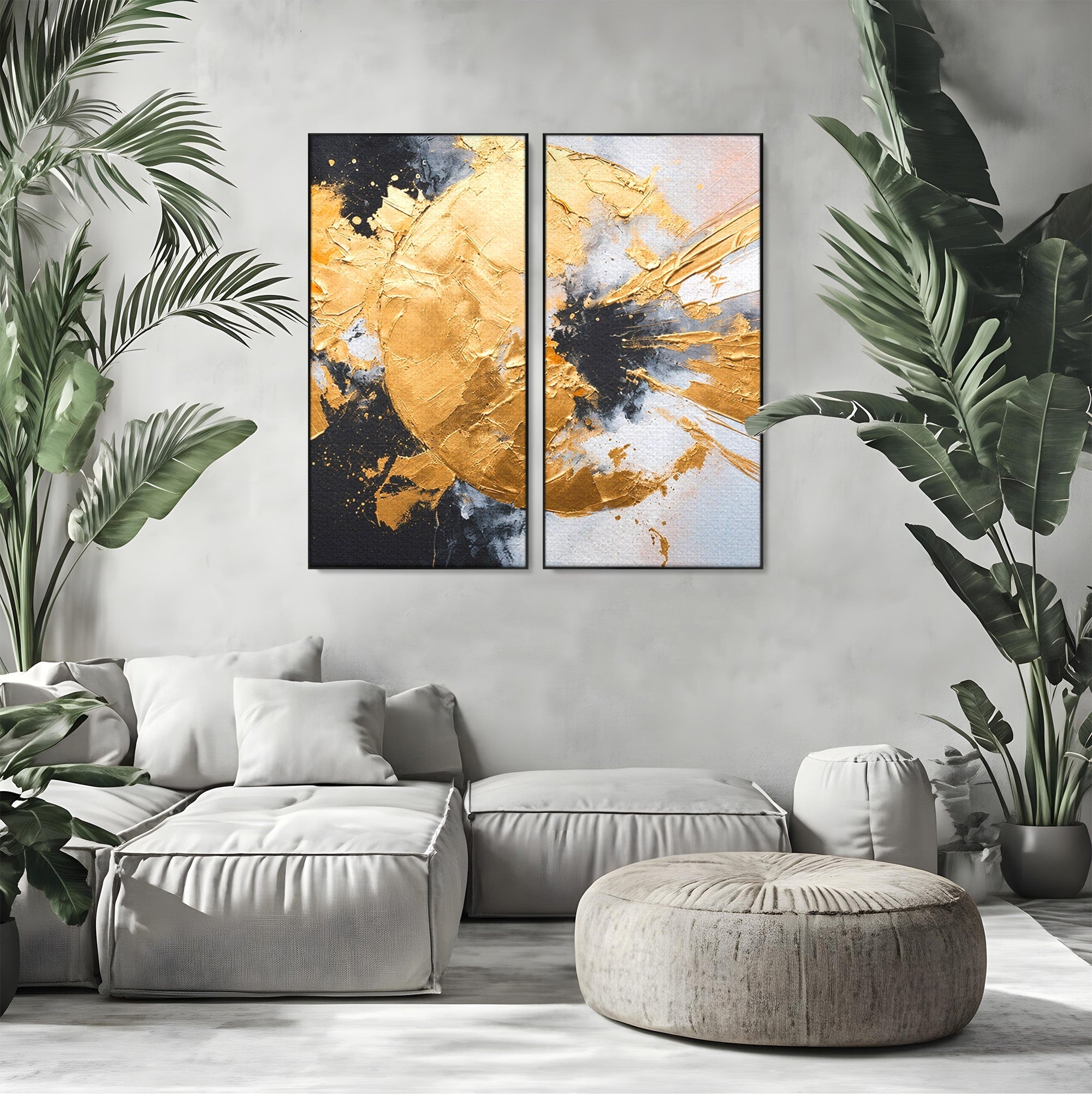 Set 2 Tablouri Canvas Premium LuxCanva® C2-1406, Explozie De Aur, Abstract, Modern, Energetic, Birou, Living, Culori Vibrante