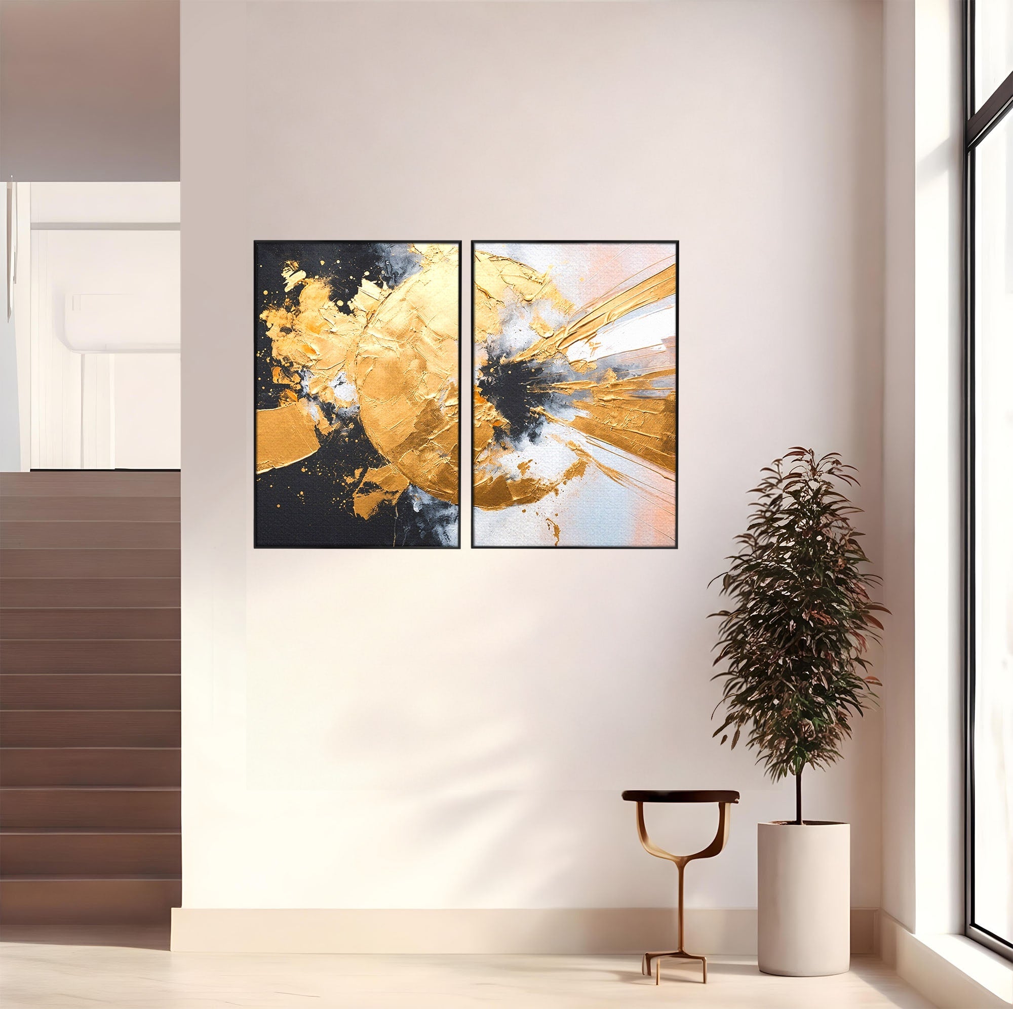 Set 2 Tablouri Canvas Premium LuxCanva® C2-1406, Explozie De Aur, Abstract, Modern, Energetic, Birou, Living, Culori Vibrante