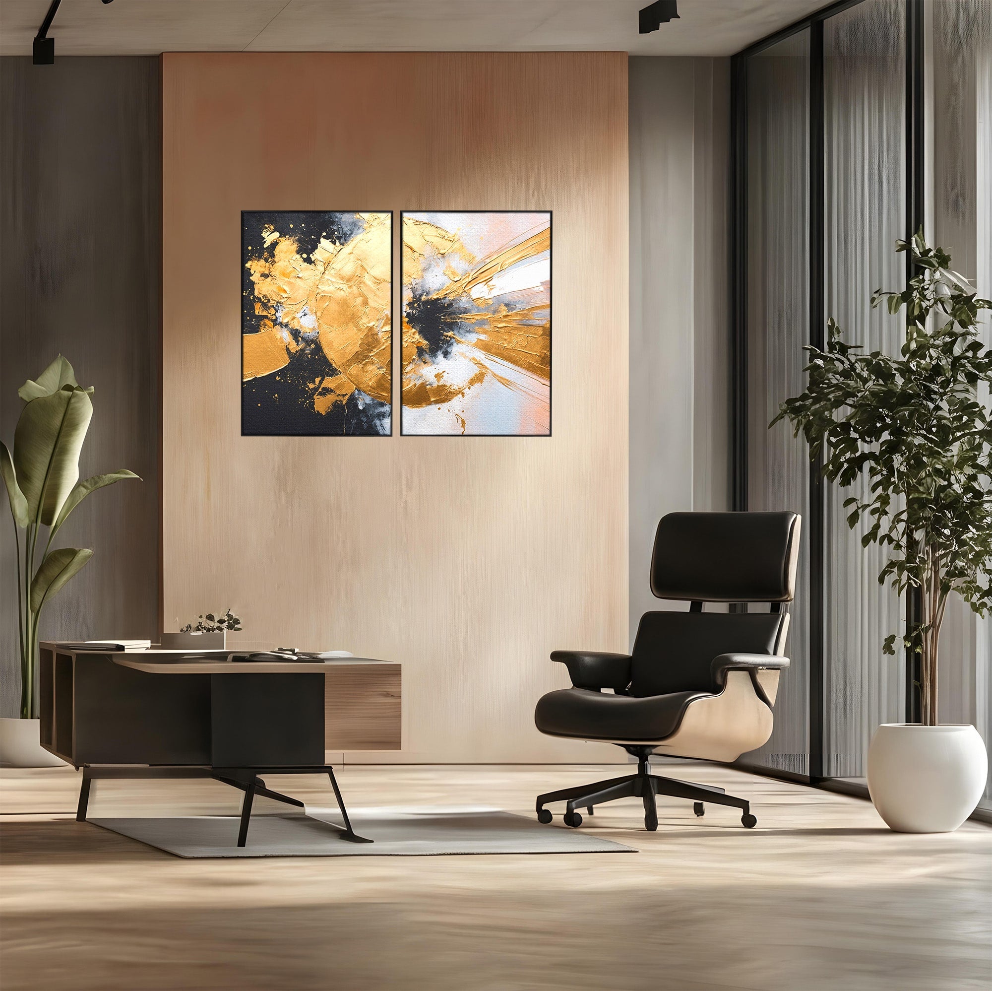 Set 2 Tablouri Canvas Premium LuxCanva® C2-1406, Explozie De Aur, Abstract, Modern, Energetic, Birou, Living, Culori Vibrante