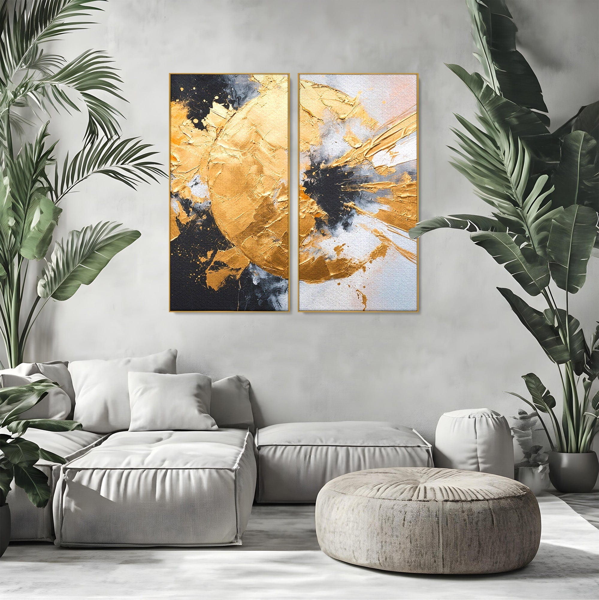 Set 2 Tablouri Canvas Premium LuxCanva® C2-1406, Explozie De Aur, Abstract, Modern, Energetic, Birou, Living, Culori Vibrante