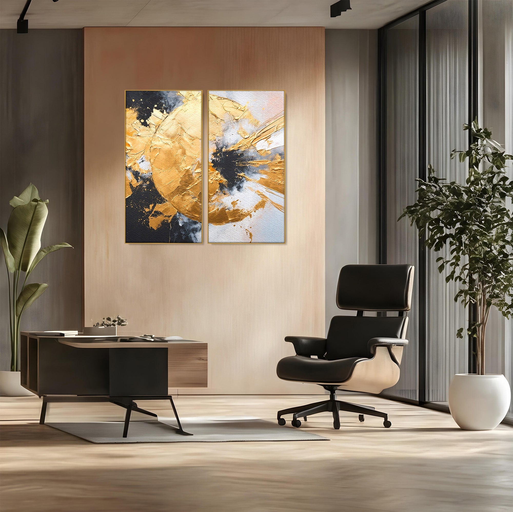 Set 2 Tablouri Canvas Premium LuxCanva® C2-1406, Explozie De Aur, Abstract, Modern, Energetic, Birou, Living, Culori Vibrante
