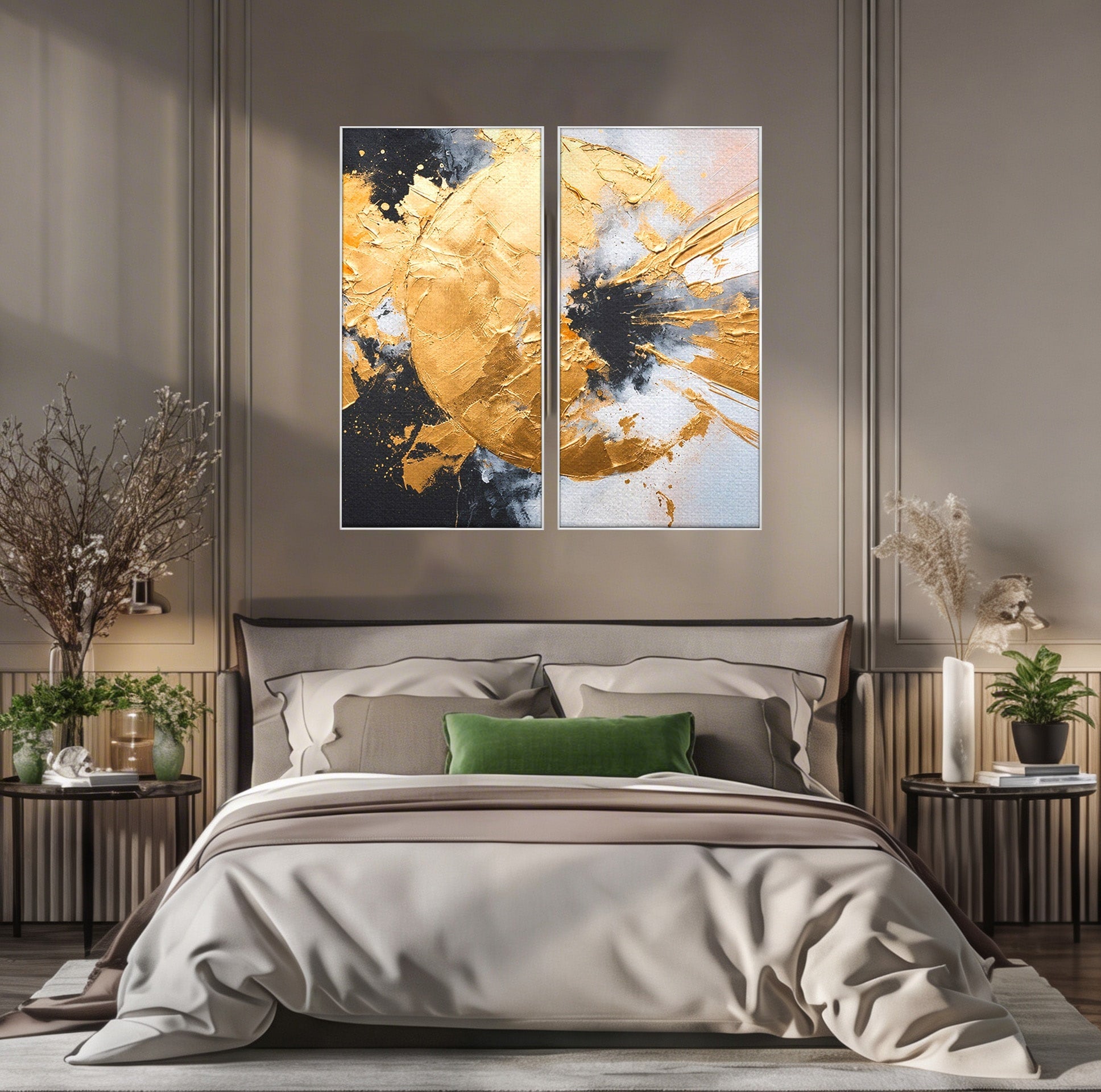 Set 2 Tablouri Canvas Premium LuxCanva® C2-1406, Explozie De Aur, Abstract, Modern, Energetic, Birou, Living, Culori Vibrante