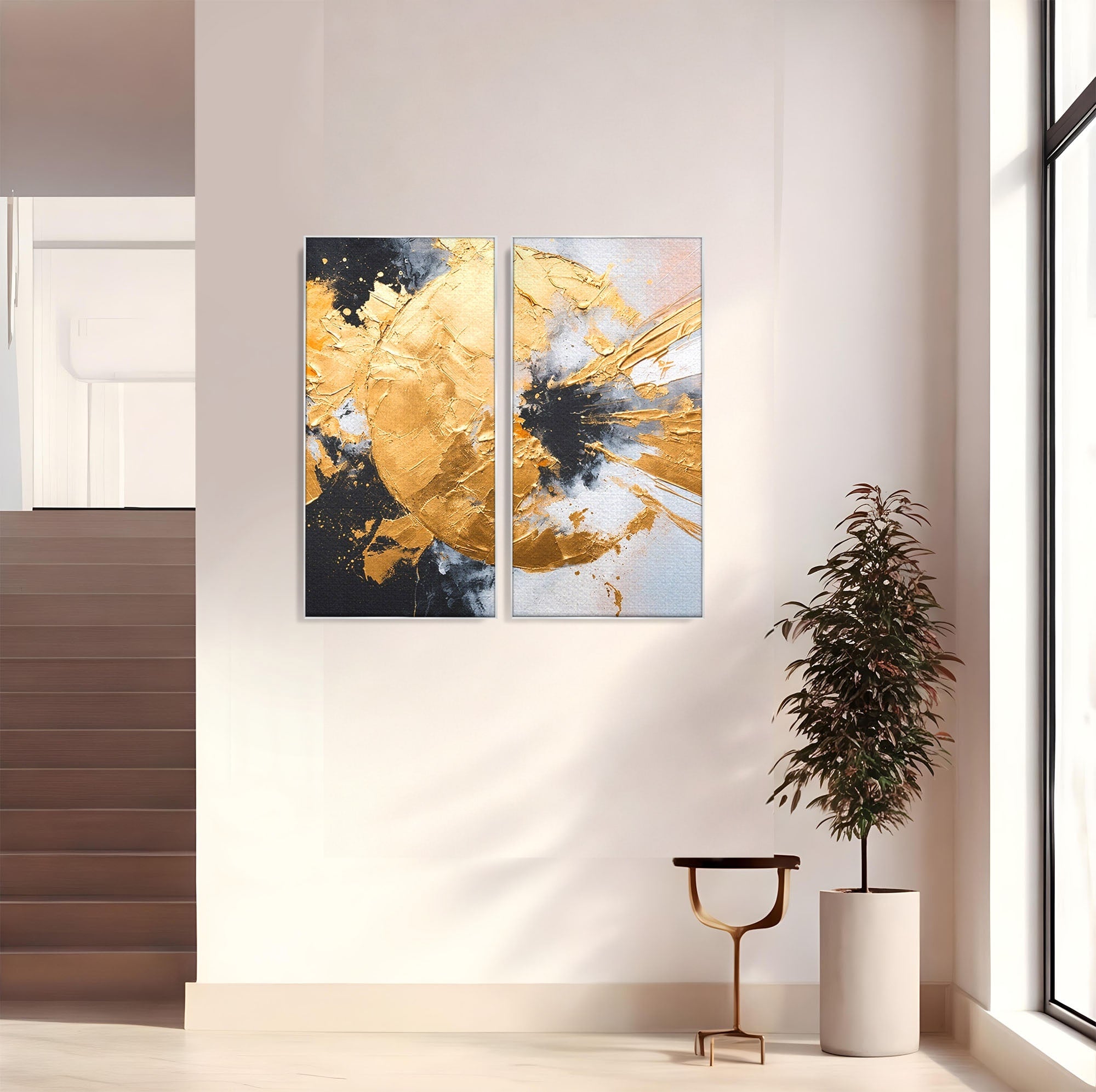 Set 2 Tablouri Canvas Premium LuxCanva® C2-1406, Explozie De Aur, Abstract, Modern, Energetic, Birou, Living, Culori Vibrante