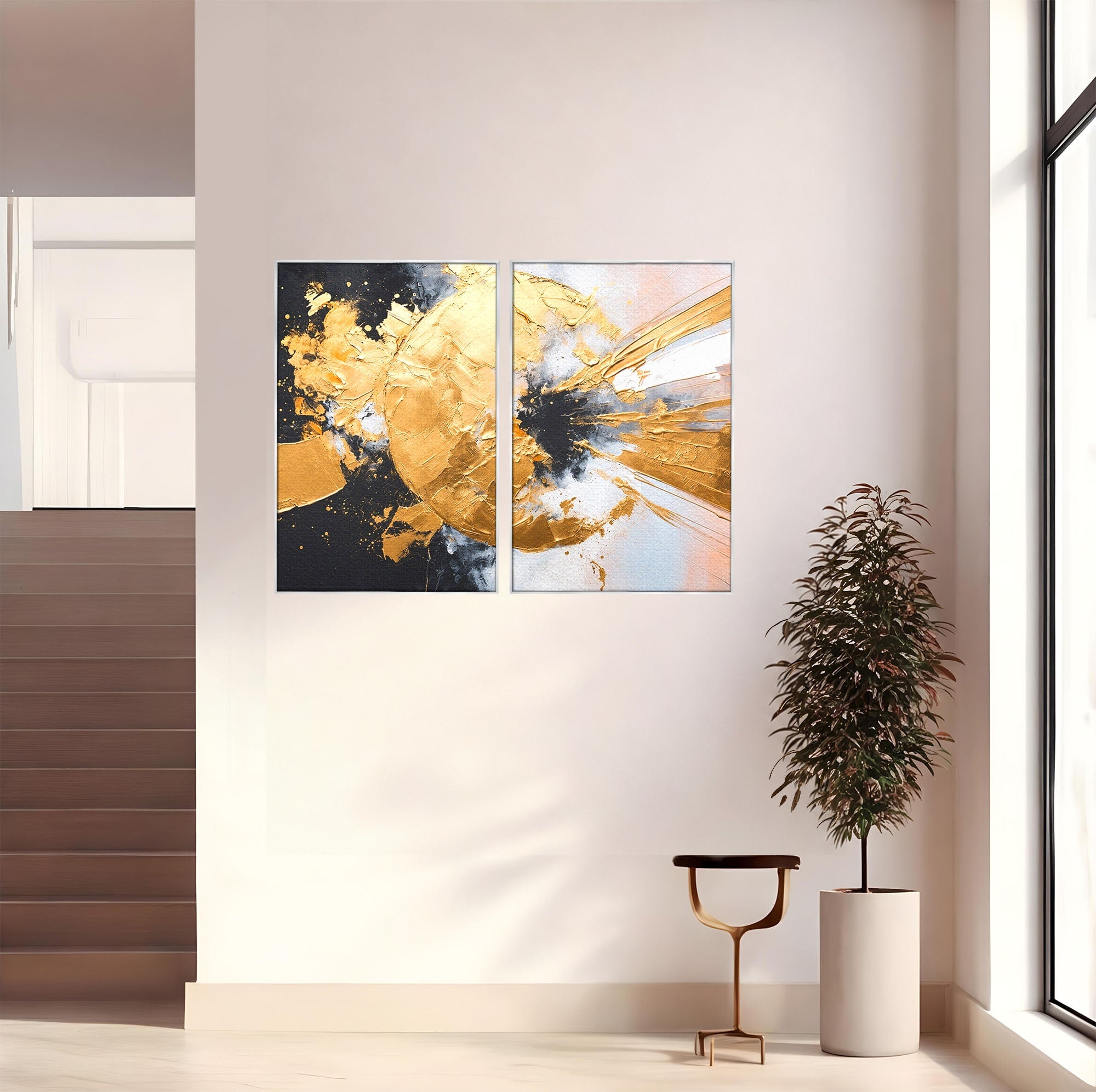 Set 2 Tablouri Canvas Premium LuxCanva® C2-1406, Explozie De Aur, Abstract, Modern, Energetic, Birou, Living, Culori Vibrante