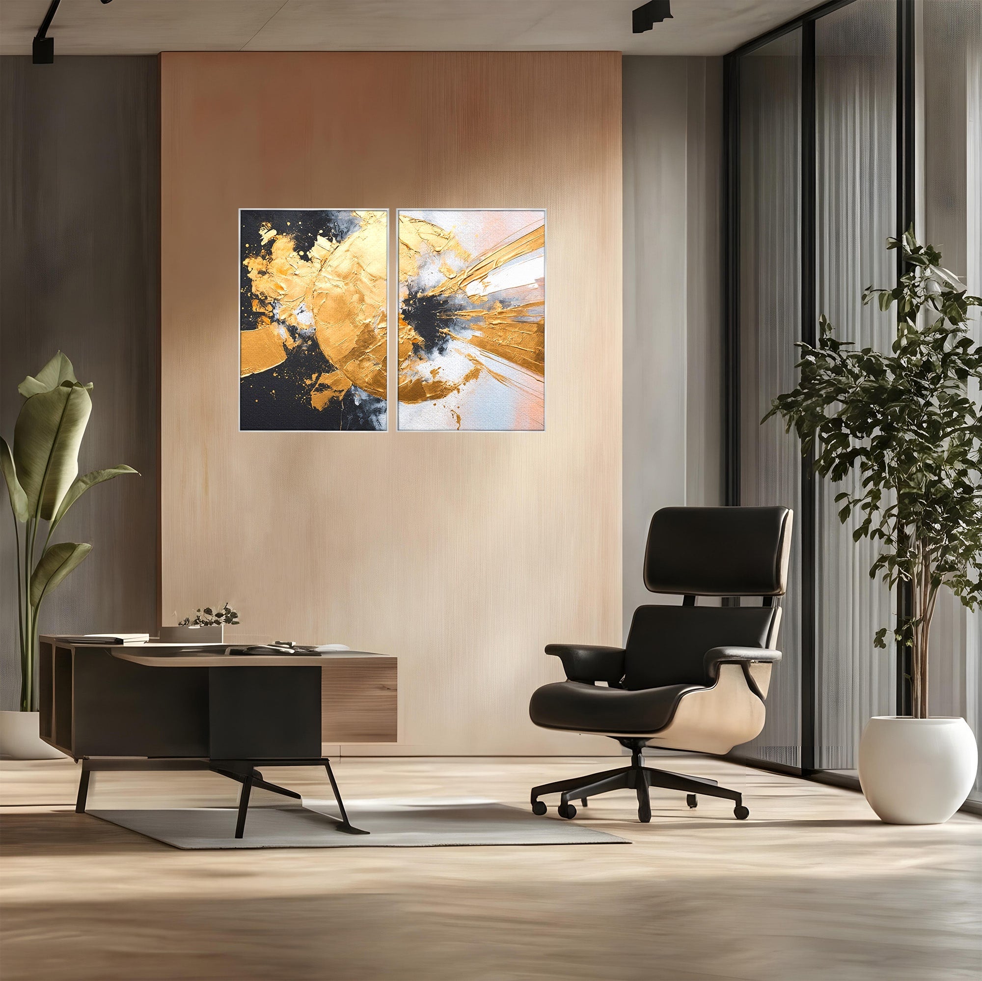 Set 2 Tablouri Canvas Premium LuxCanva® C2-1406, Explozie De Aur, Abstract, Modern, Energetic, Birou, Living, Culori Vibrante