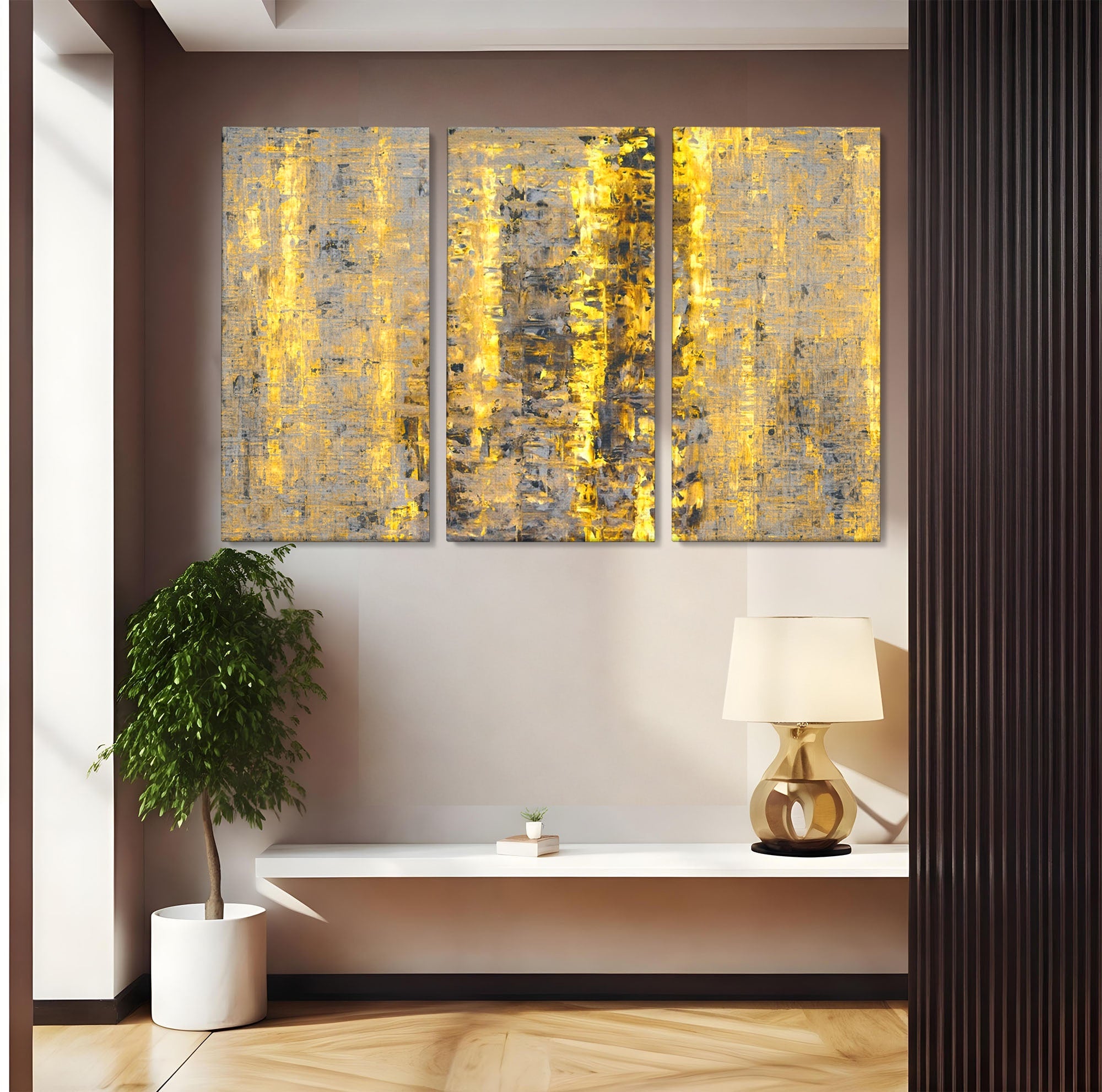 Set 3 Tablouri Canvas Premium LuxCanva® C3-1058, Gold And Brown Painting Abstract, Gold And Brown Painting Abstract, Dining Room, Living Room, Relaxare, Culori Vibrante