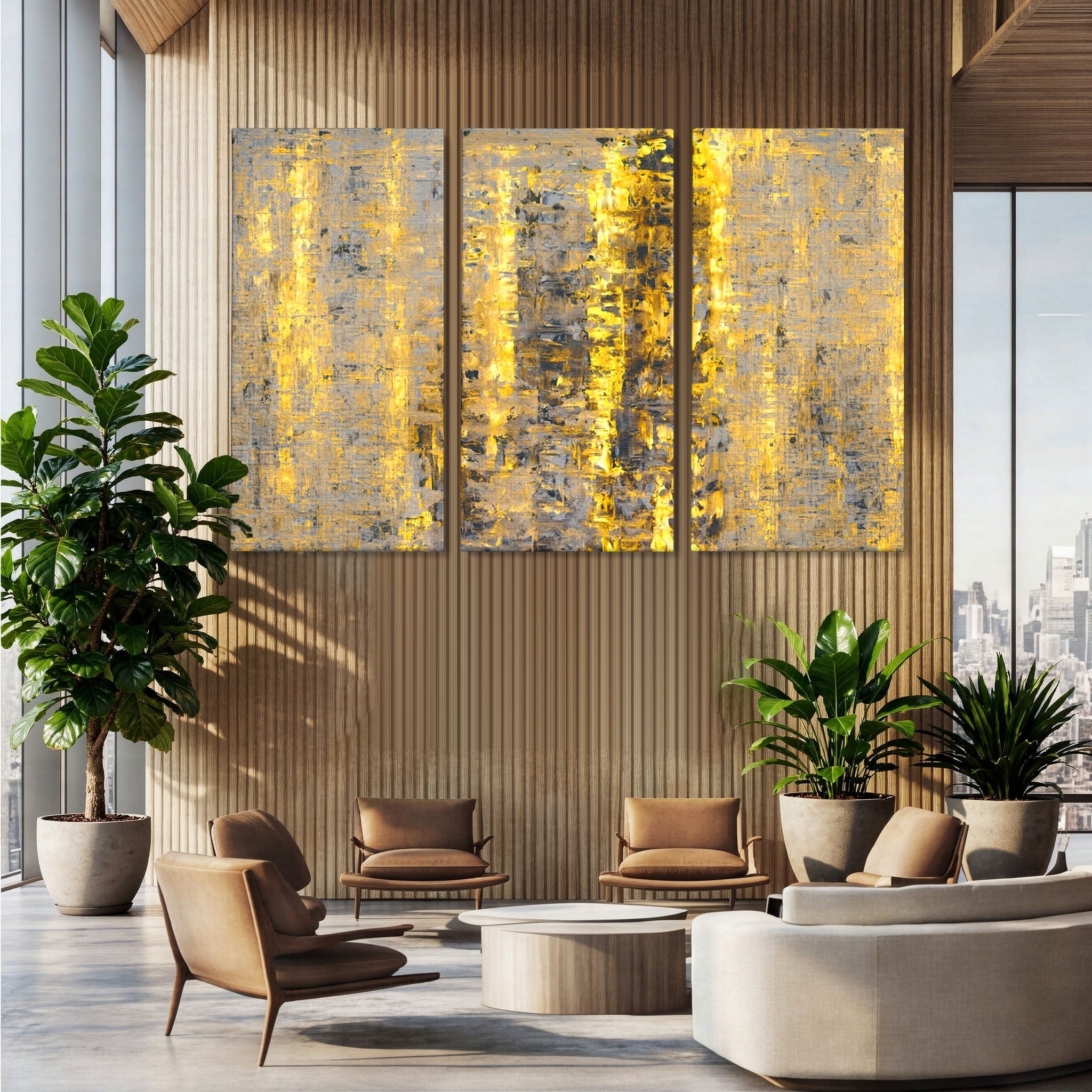 Set 3 Tablouri Canvas Premium LuxCanva® C3-1058, Gold And Brown Painting Abstract, Gold And Brown Painting Abstract, Dining Room, Living Room, Relaxare, Culori Vibrante