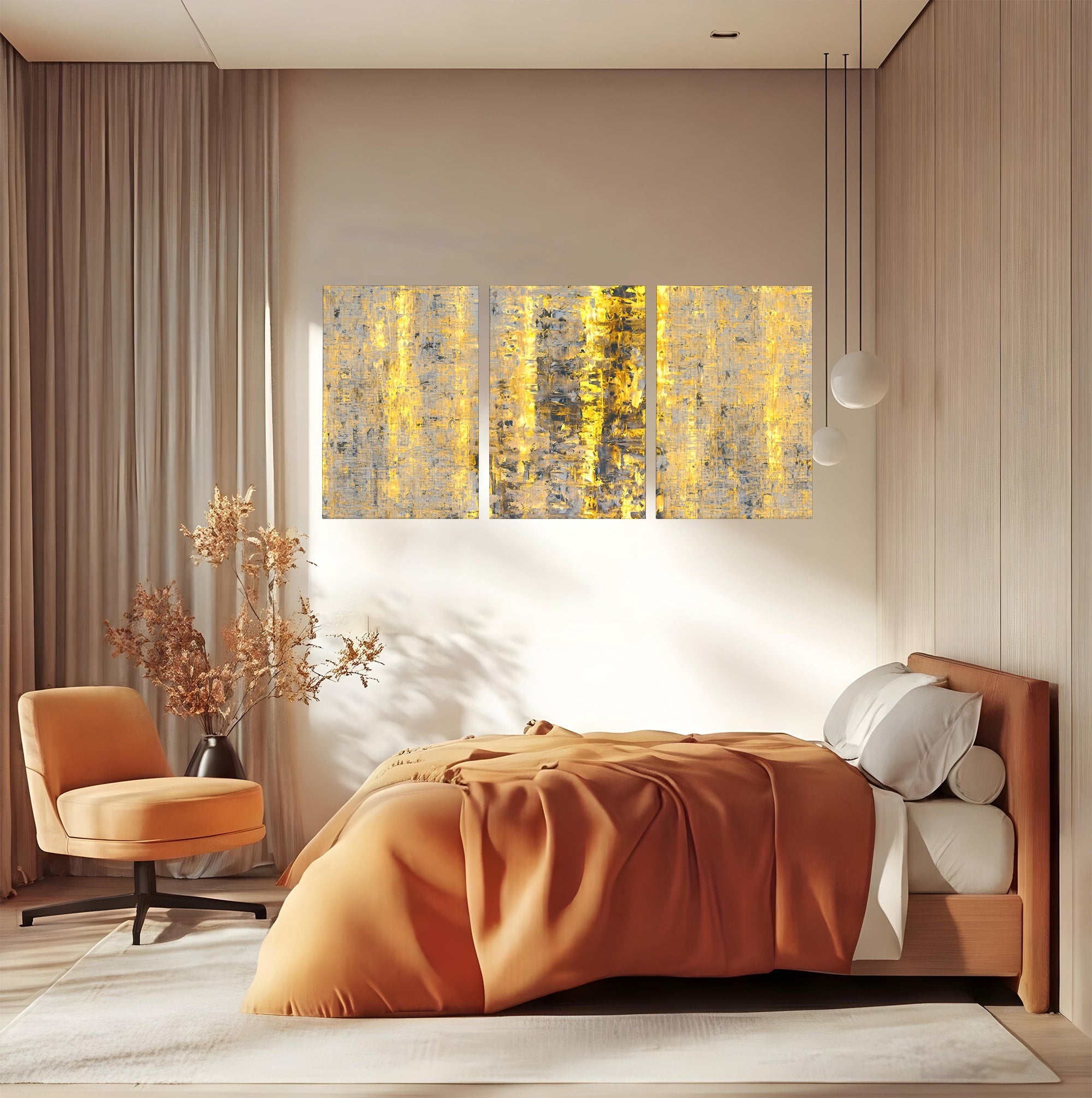 Set 3 Tablouri Canvas Premium LuxCanva® C3-1058, Gold And Brown Painting Abstract, Gold And Brown Painting Abstract, Dining Room, Living Room, Relaxare, Culori Vibrante