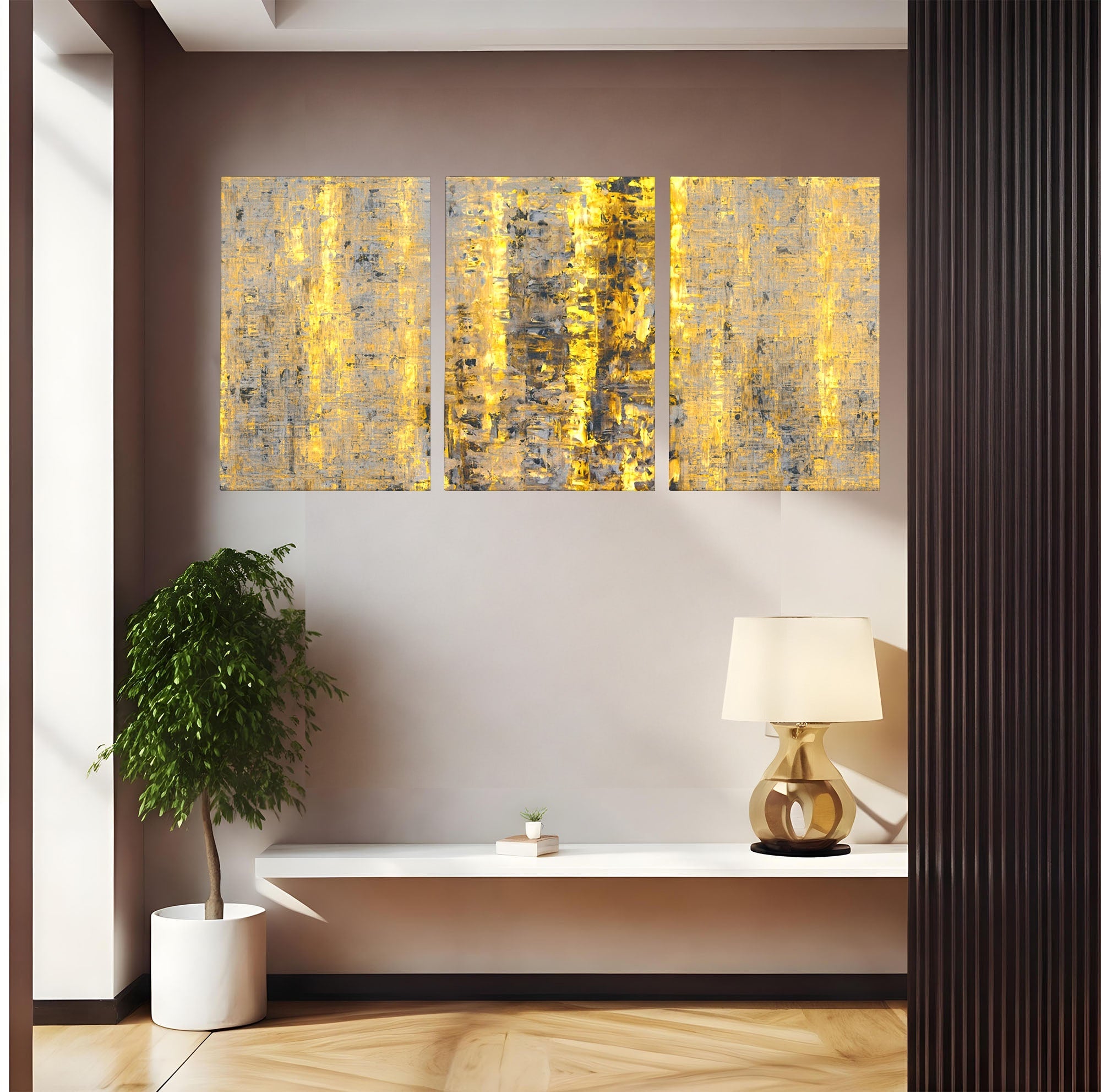 Set 3 Tablouri Canvas Premium LuxCanva® C3-1058, Gold And Brown Painting Abstract, Gold And Brown Painting Abstract, Dining Room, Living Room, Relaxare, Culori Vibrante
