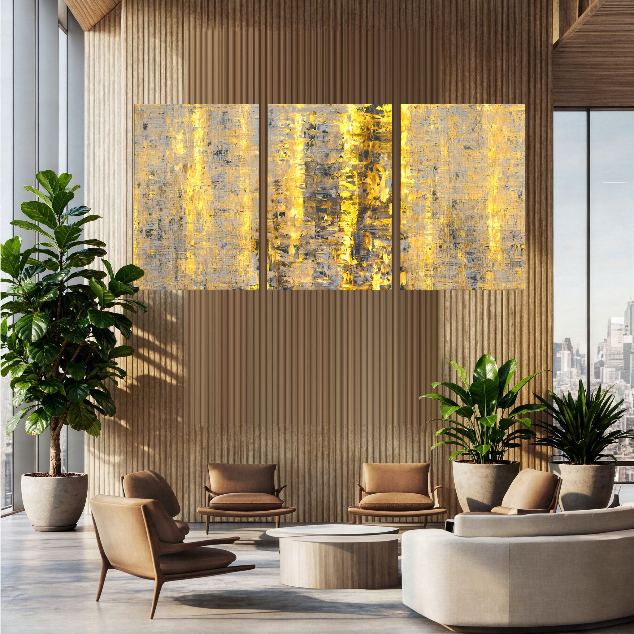 Set 3 Tablouri Canvas Premium LuxCanva® C3-1058, Gold And Brown Painting Abstract, Gold And Brown Painting Abstract, Dining Room, Living Room, Relaxare, Culori Vibrante