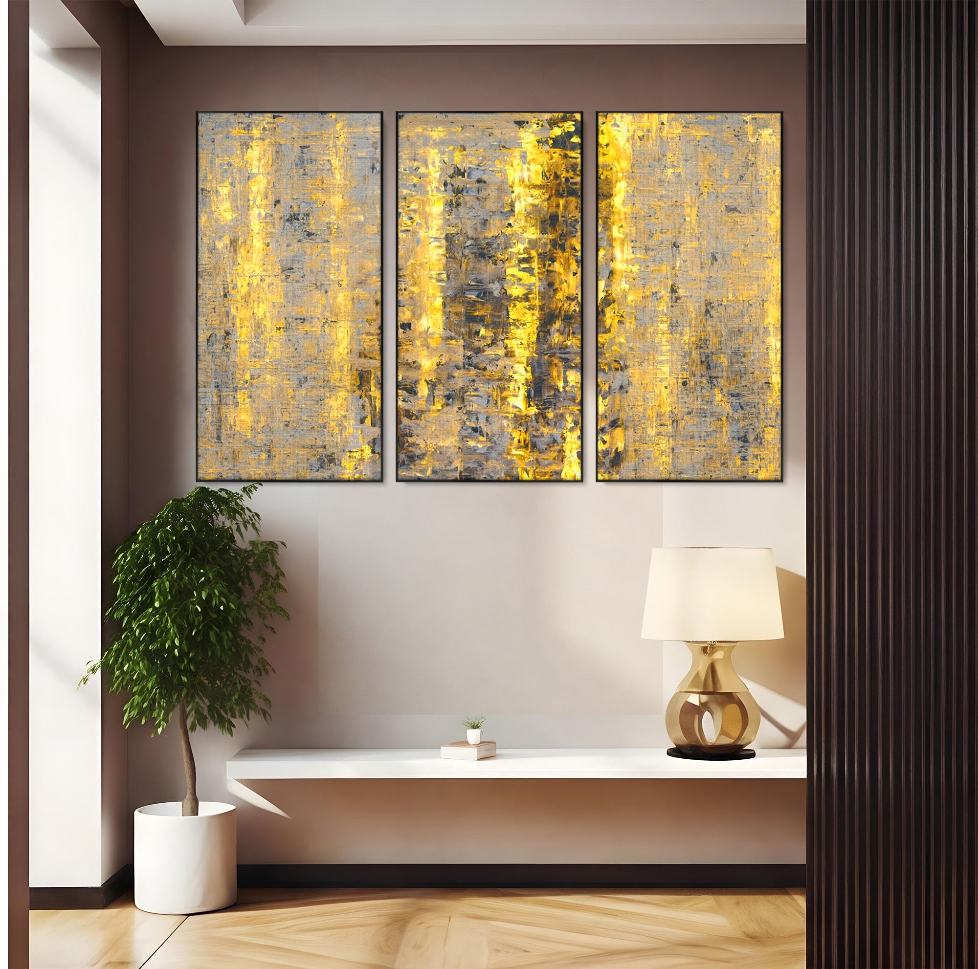 Set 3 Tablouri Canvas Premium LuxCanva® C3-1058, Gold And Brown Painting Abstract, Gold And Brown Painting Abstract, Dining Room, Living Room, Relaxare, Culori Vibrante