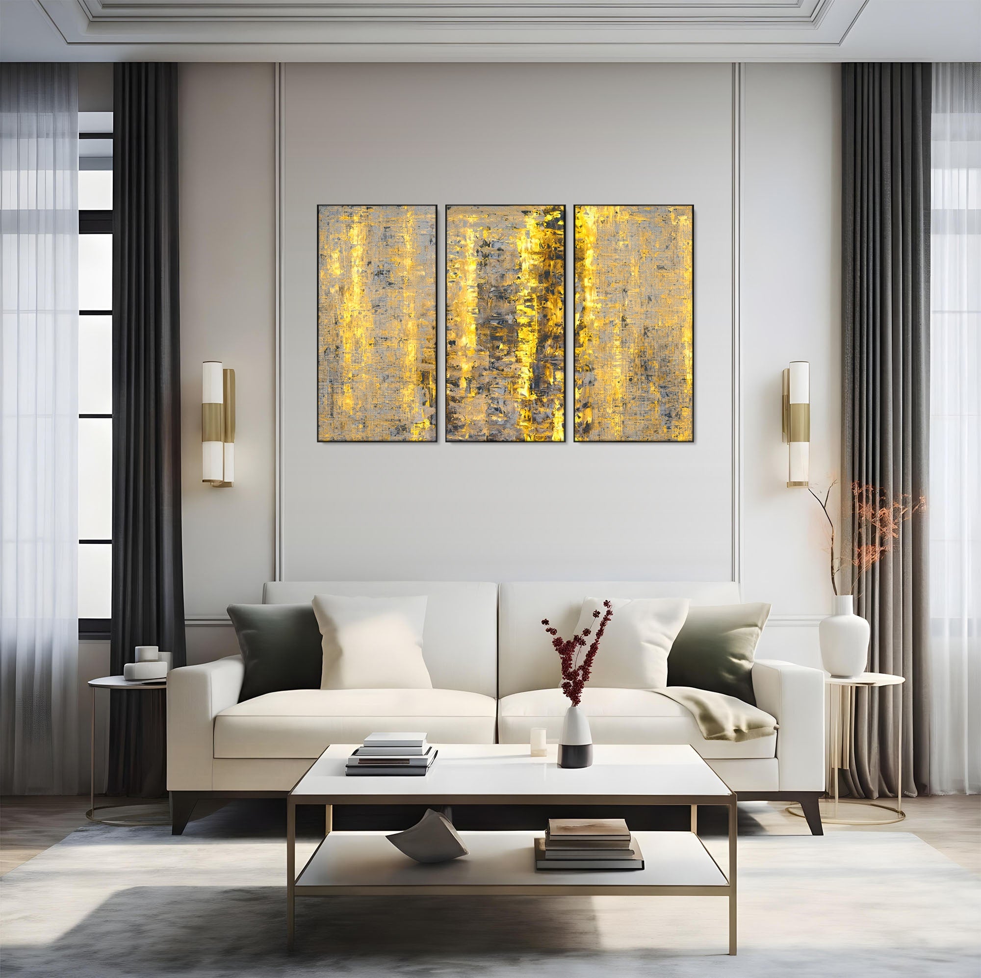 Set 3 Tablouri Canvas Premium LuxCanva® C3-1058, Gold And Brown Painting Abstract, Gold And Brown Painting Abstract, Dining Room, Living Room, Relaxare, Culori Vibrante