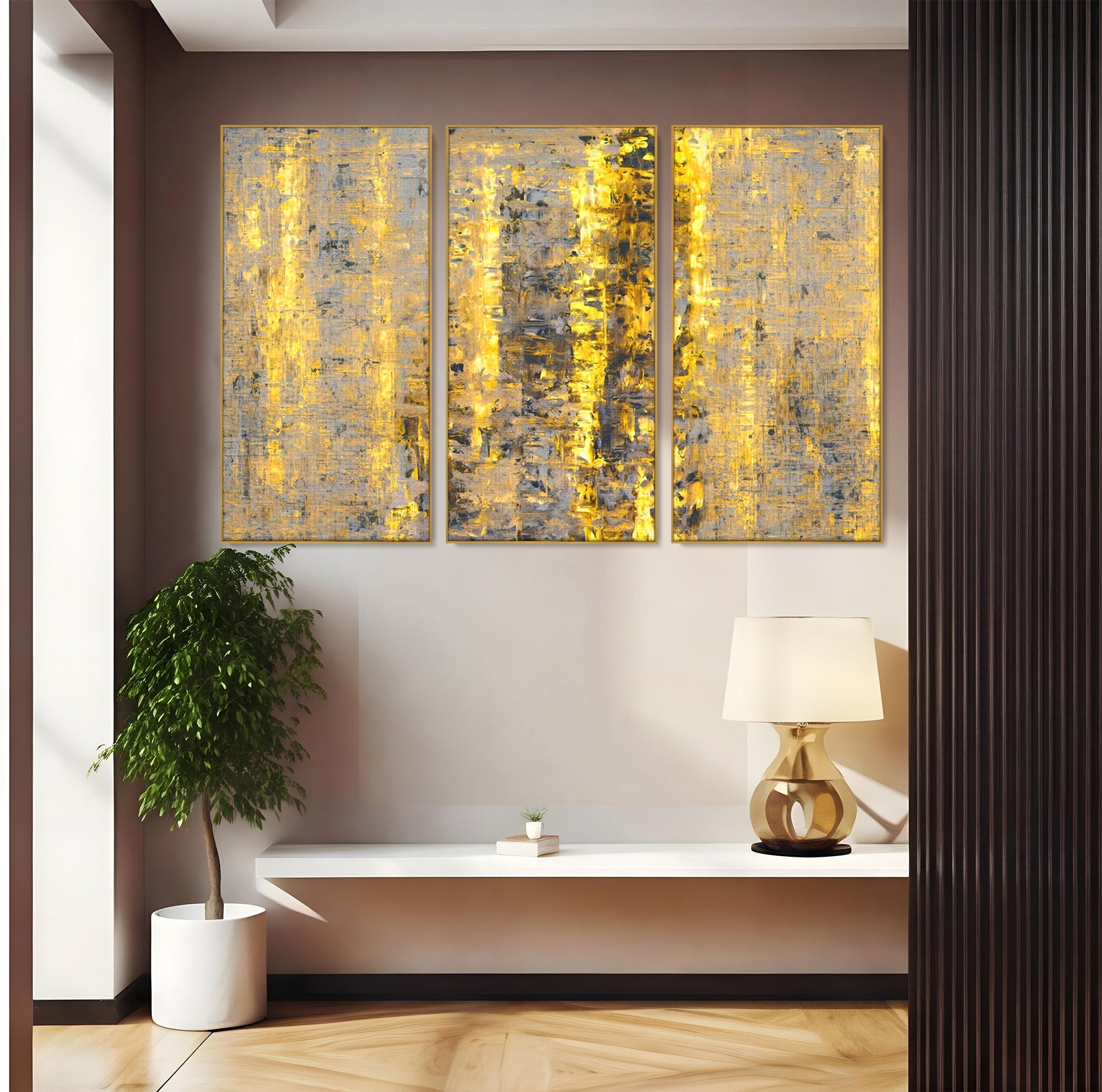 Set 3 Tablouri Canvas Premium LuxCanva® C3-1058, Gold And Brown Painting Abstract, Gold And Brown Painting Abstract, Dining Room, Living Room, Relaxare, Culori Vibrante