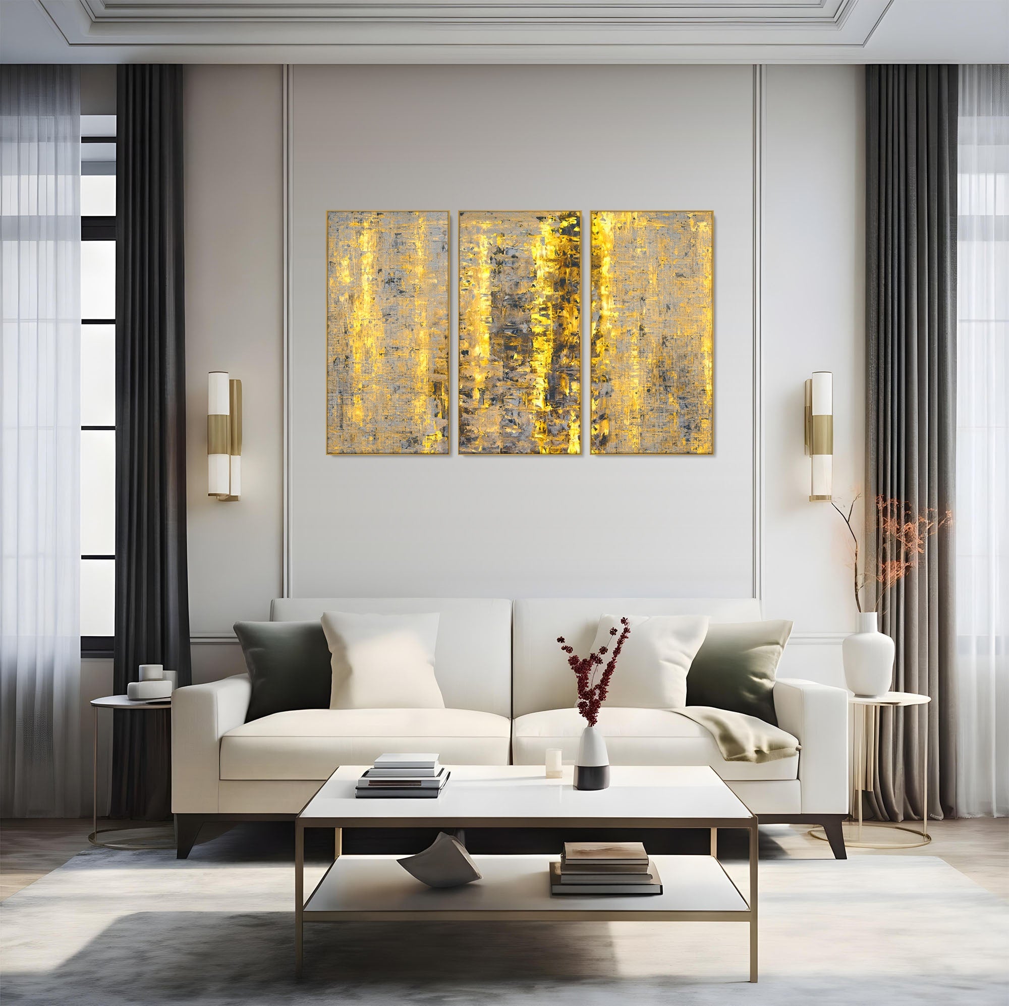 Set 3 Tablouri Canvas Premium LuxCanva® C3-1058, Gold And Brown Painting Abstract, Gold And Brown Painting Abstract, Dining Room, Living Room, Relaxare, Culori Vibrante