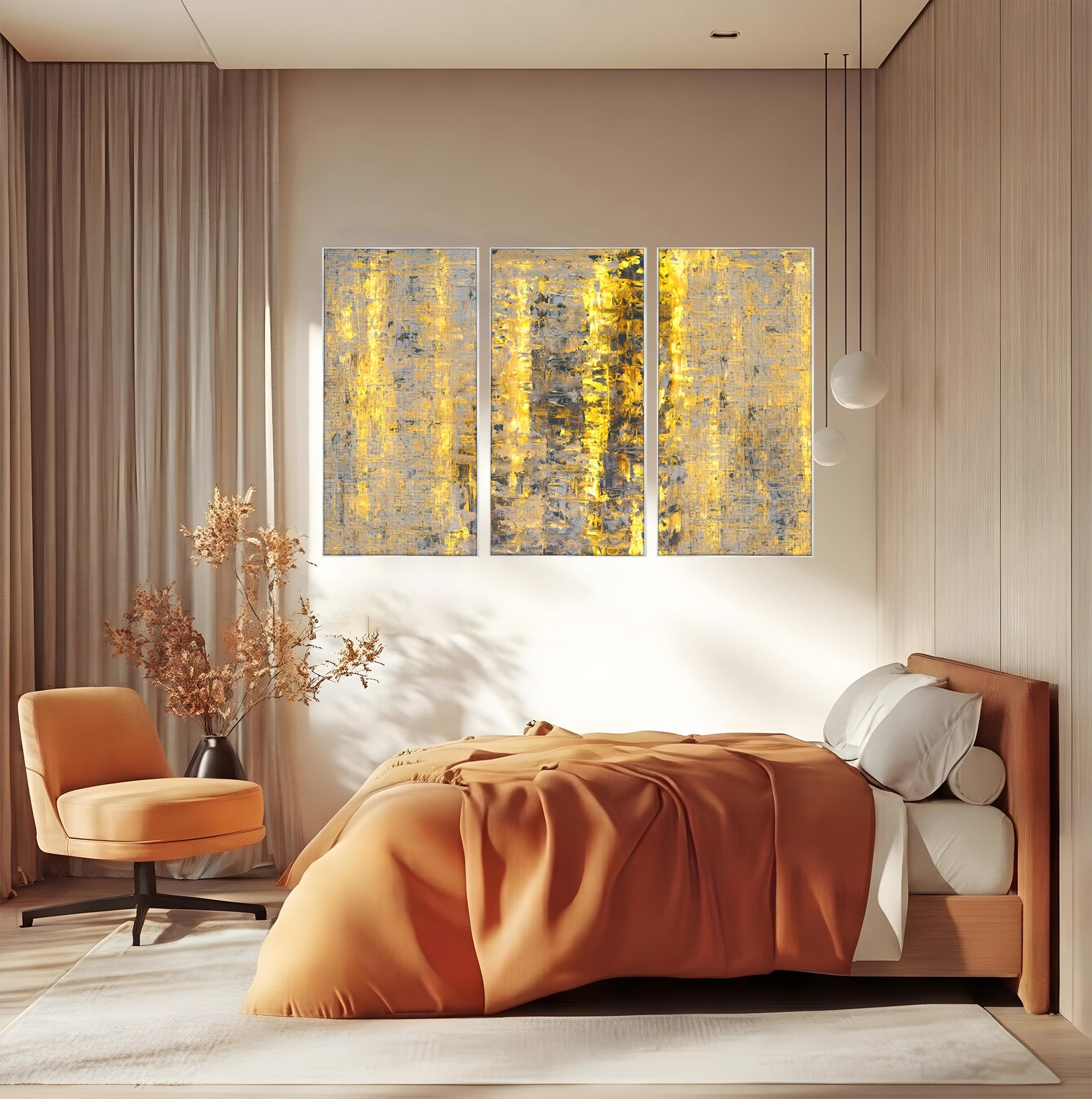 Set 3 Tablouri Canvas Premium LuxCanva® C3-1058, Gold And Brown Painting Abstract, Gold And Brown Painting Abstract, Dining Room, Living Room, Relaxare, Culori Vibrante