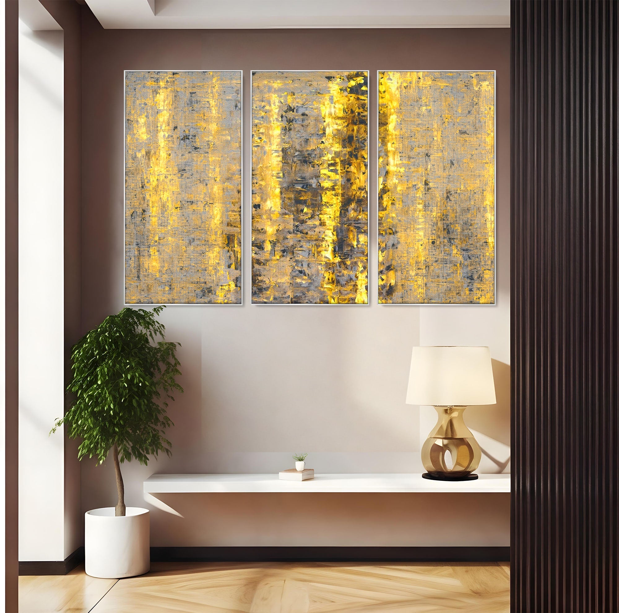 Set 3 Tablouri Canvas Premium LuxCanva® C3-1058, Gold And Brown Painting Abstract, Gold And Brown Painting Abstract, Dining Room, Living Room, Relaxare, Culori Vibrante